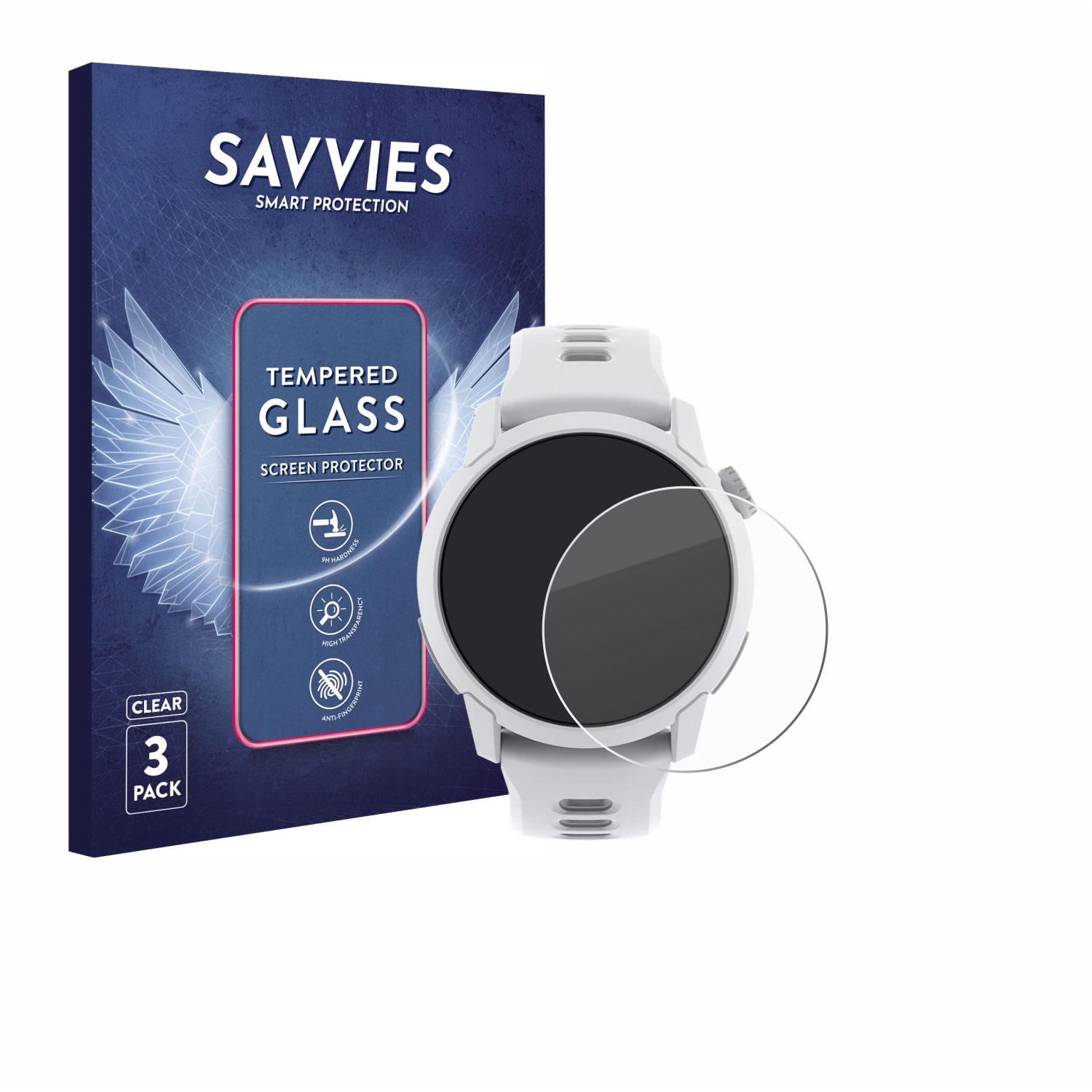 Eine weiße Smartwatch mit Displayschutzfolie neben einer blauen Schachtel mit der Aufschrift 'SAVVIES', 'TEMPERED GLASS' und '3er-Pack'.