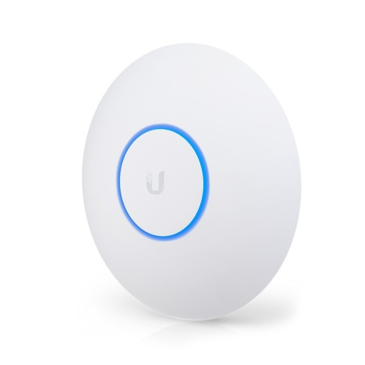 Dispositivo blanco y circular con un anillo de luz azul. Un círculo más pequeño en el centro tiene un logotipo. El fondo es blanco.