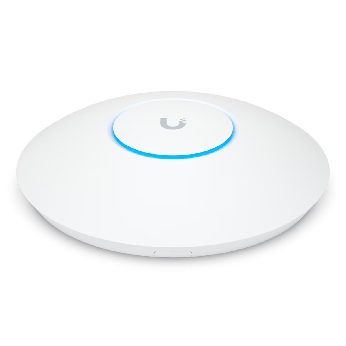 Un punto de acceso de red blanco en forma de disco. Tiene un disco central más pequeño con luz azul y un logotipo 'U'.