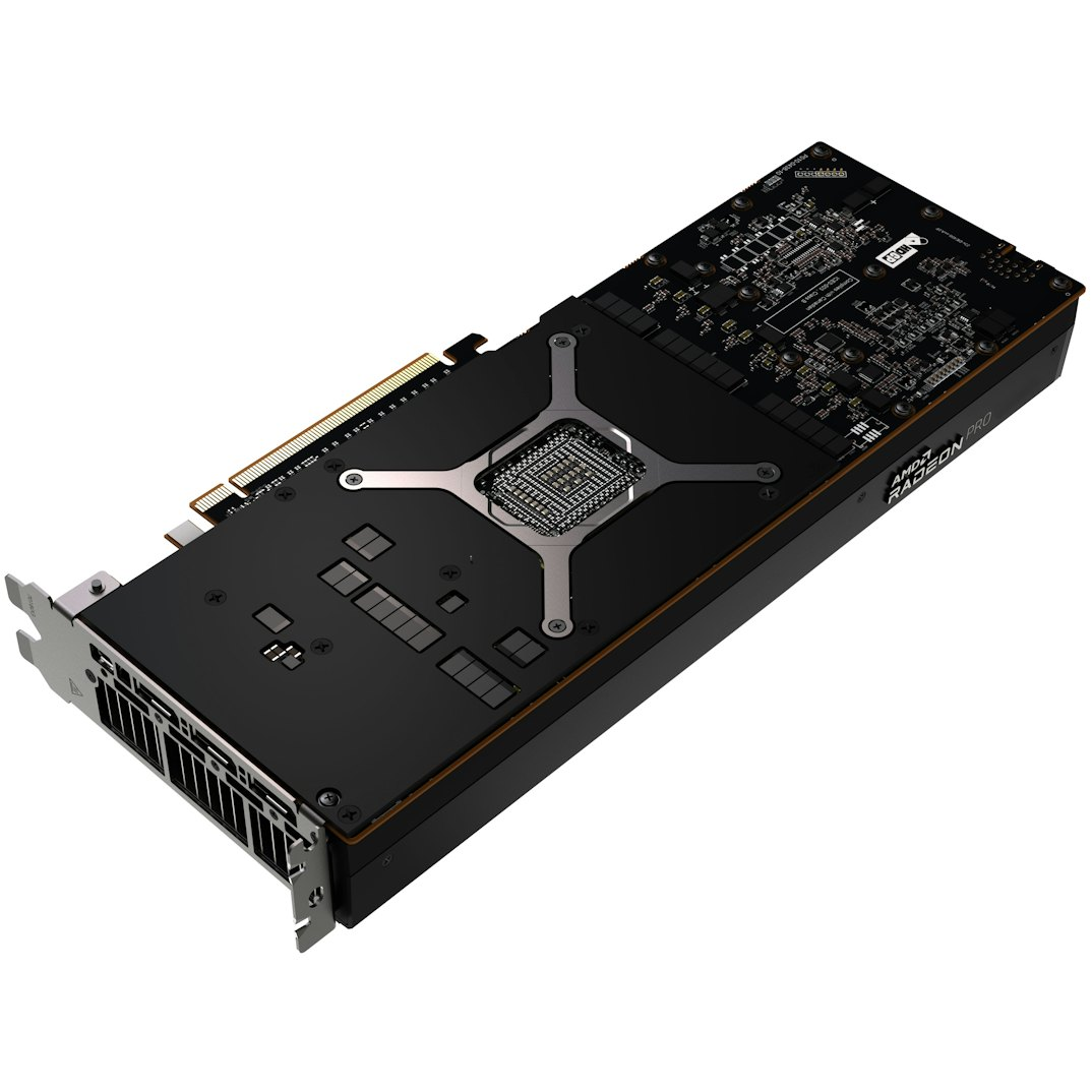 Czarna karta graficzna AMD Radeon Pro. Posiada metalowy wspornik, czarną ramkę i srebrny uchwyt chłodnicy w kształcie litery X.