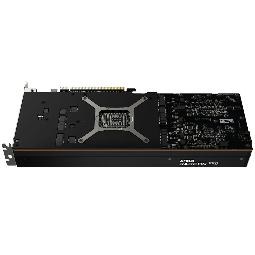 Czarna karta graficzna AMD Radeon Pro. Posiada centralny kwadratowy element, otoczony obwodami i śrubami, z logo AMD Radeon Pro.