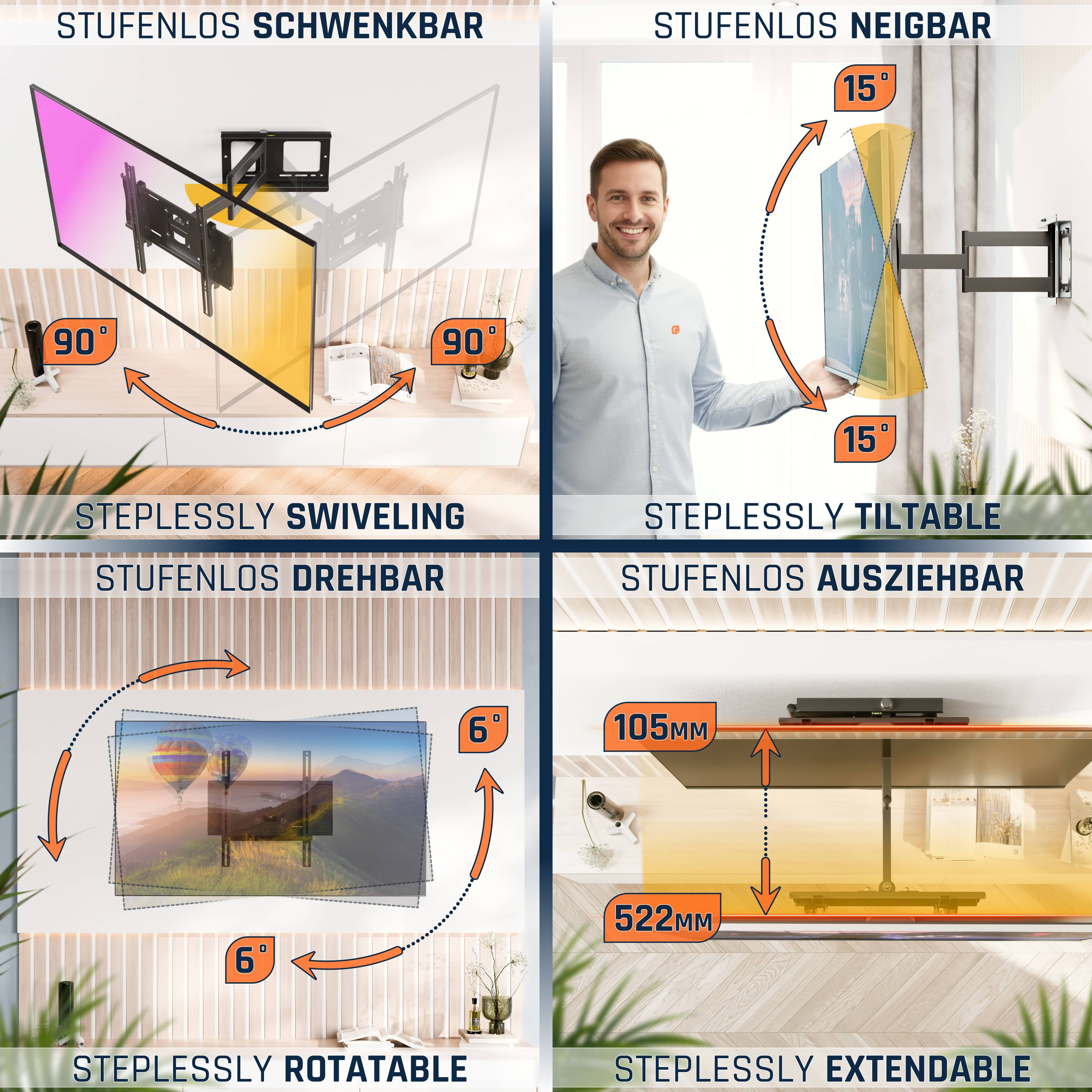 Das Bild zeigt eine TV-Halterung mit Schwenk-, Neige-, Dreh- und Ausziehfunktionen. Diagramme mit Winkeln und Maßen sind enthalten.
