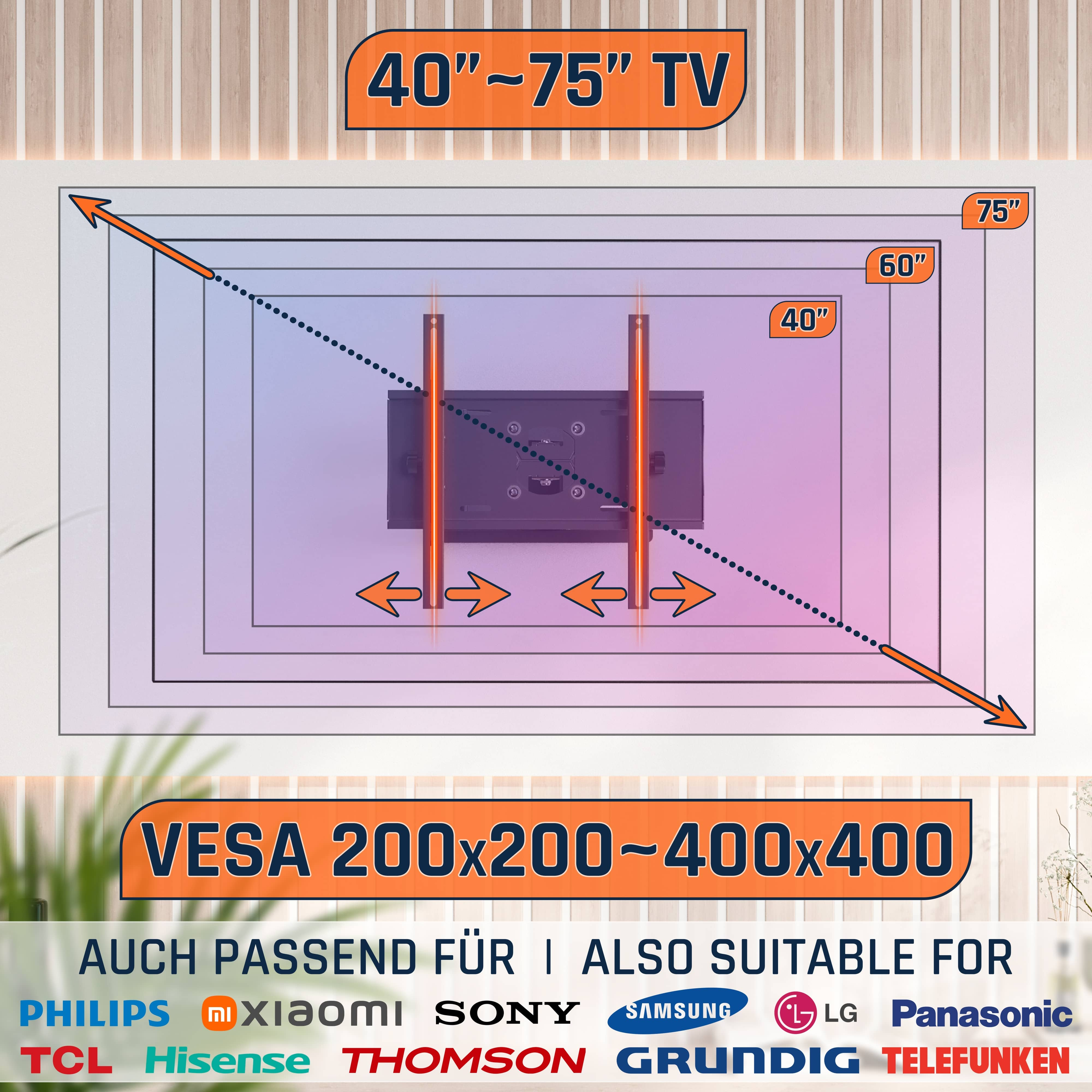 Das Bild zeigt eine TV-Halterung mit Größenangaben, Markenlogos und Text zu TV-Größen und VESA-Kompatibilität.