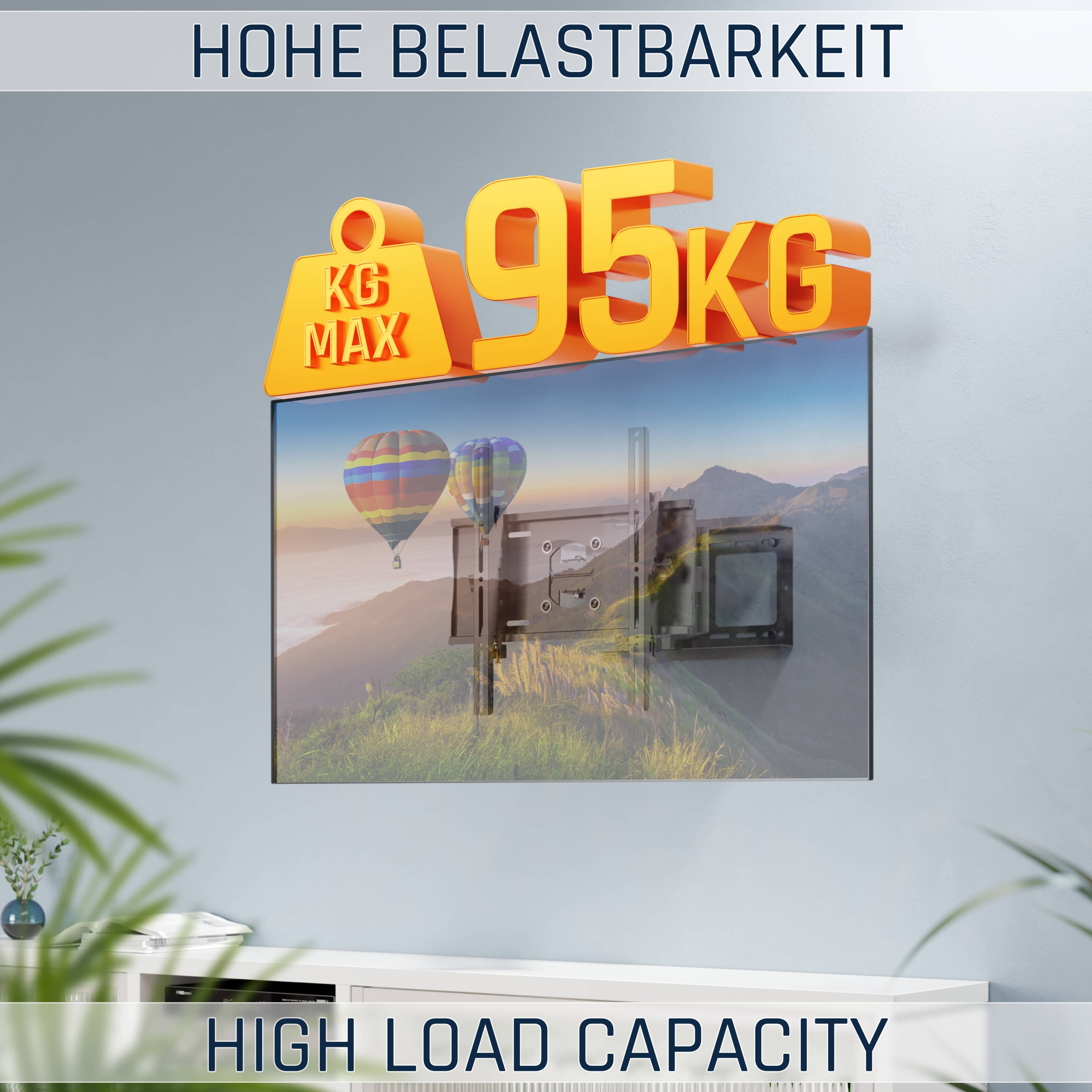 Das Bild zeigt eine TV-Halterung mit einer Tragfähigkeit von 95 kg. Der Hintergrund ist eine Landschaft mit Heißluftballons.