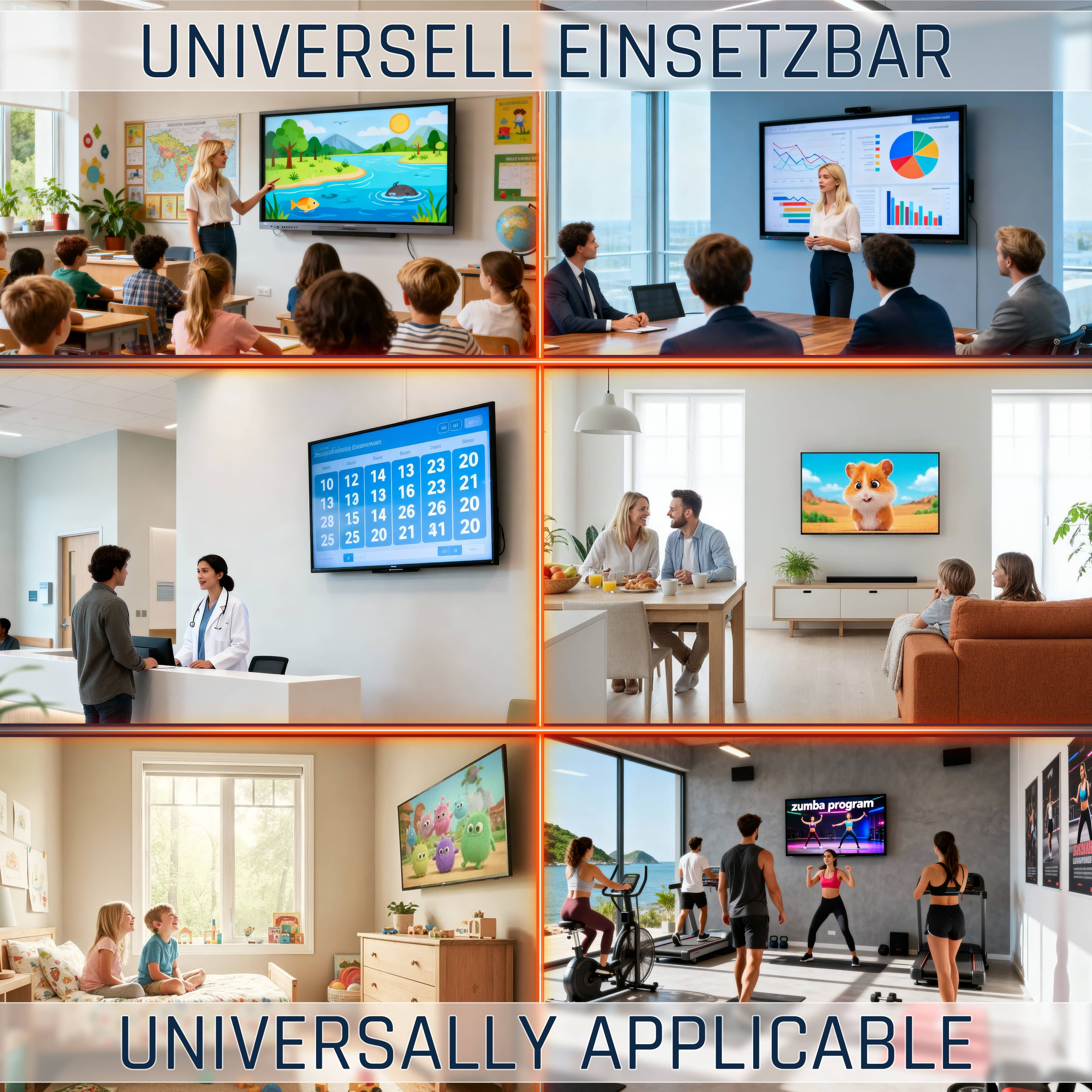 Eine Collage, die Bildschirme in verschiedenen Umgebungen zeigt: Klassenzimmer, Büro, Arztpraxis, Zuhause und Fitnessstudio, alle mit Bildschirmen.
