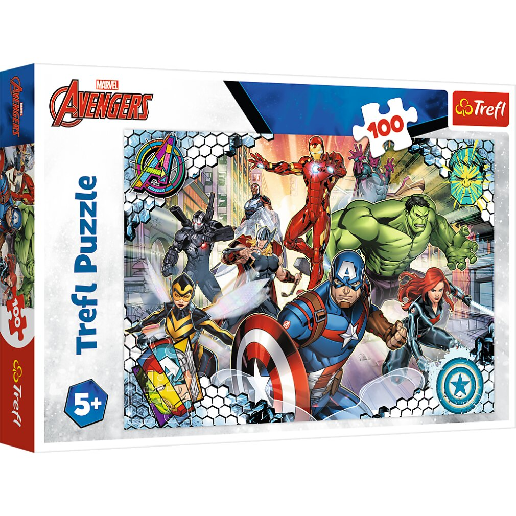 A Trefl puzzle box with Avengers characters. It shows Captain America, Iron Man, Hulk, Black Widow and others. The puzzle has 100 pieces.