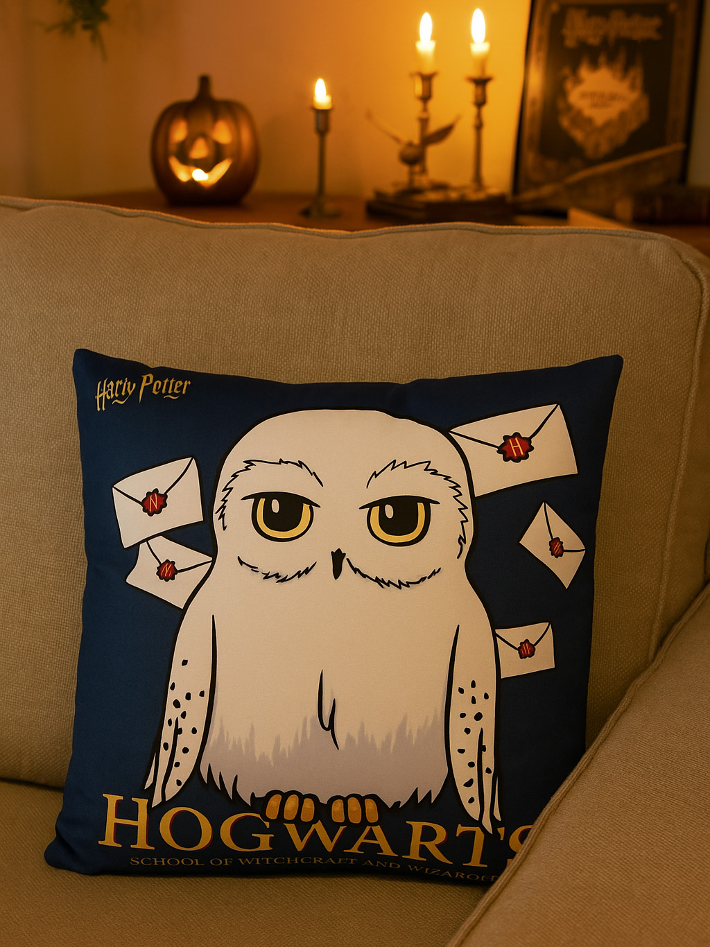 Ein Kissen im Harry-Potter-Stil mit einer Eule und Hogwarts. Kerzen und ein Kürbis sind im Hintergrund. Das Kissen liegt auf einer Couch.
