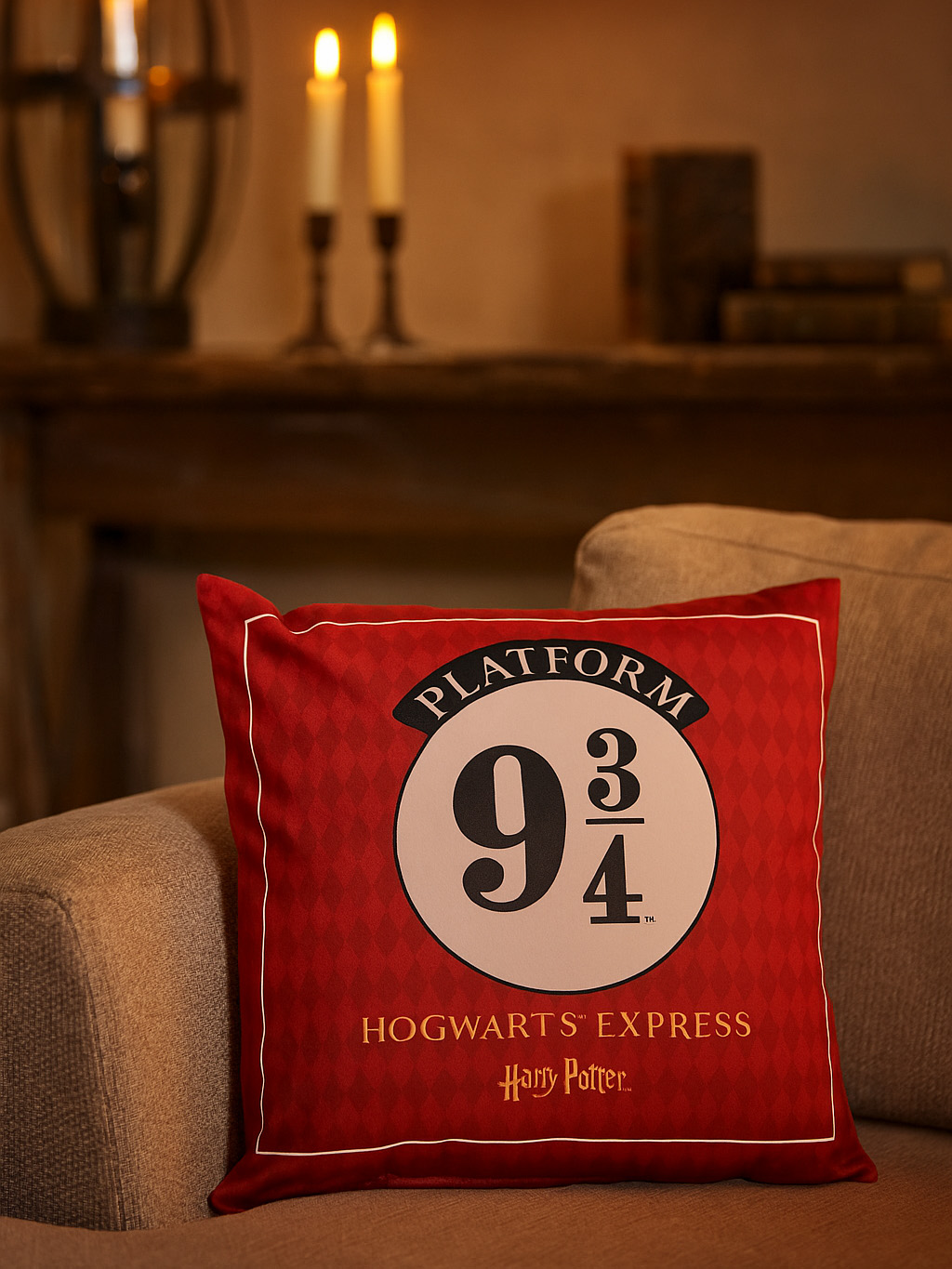 Ein rotes Kissen mit dem Platform 9 3/4 Logo auf einem Sofa. Im Hintergrund Kerzen und Dekoration.
