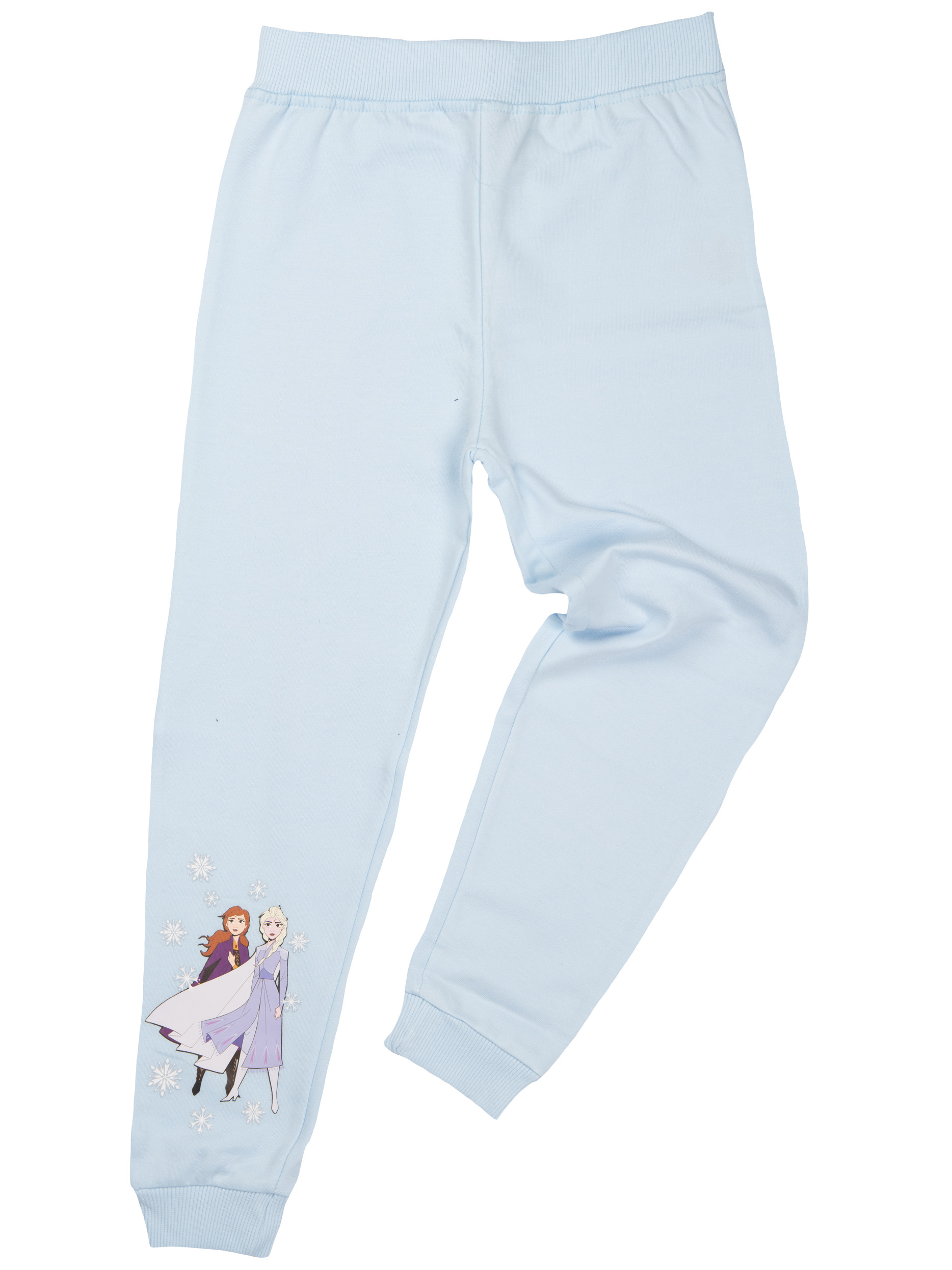 Hellblaue Hose mit einer Grafik von Anna und Elsa aus Frozen. Die Hose hat Bündchen und einen Bund.