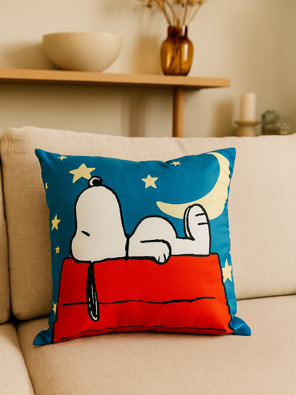 Ein Kissen mit Snoopy auf einer Couch. Das Kissen hat einen blauen Hintergrund mit Sternen und Mond.