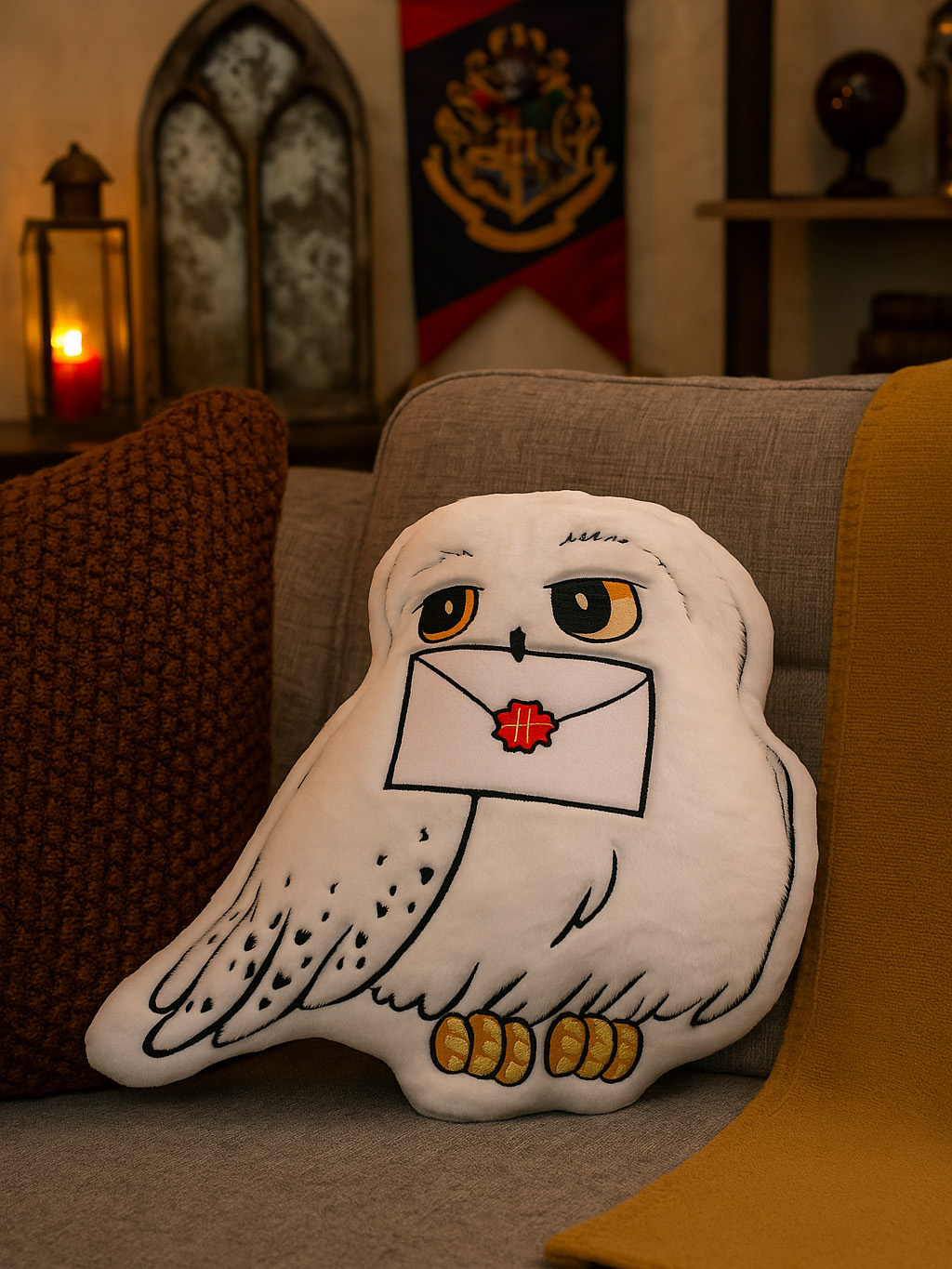 Ein weißes Eulen-Kissen mit einem Umschlag auf einer grauen Couch. Ein braunes Kissen und eine gelbe Decke sind ebenfalls vorhanden.