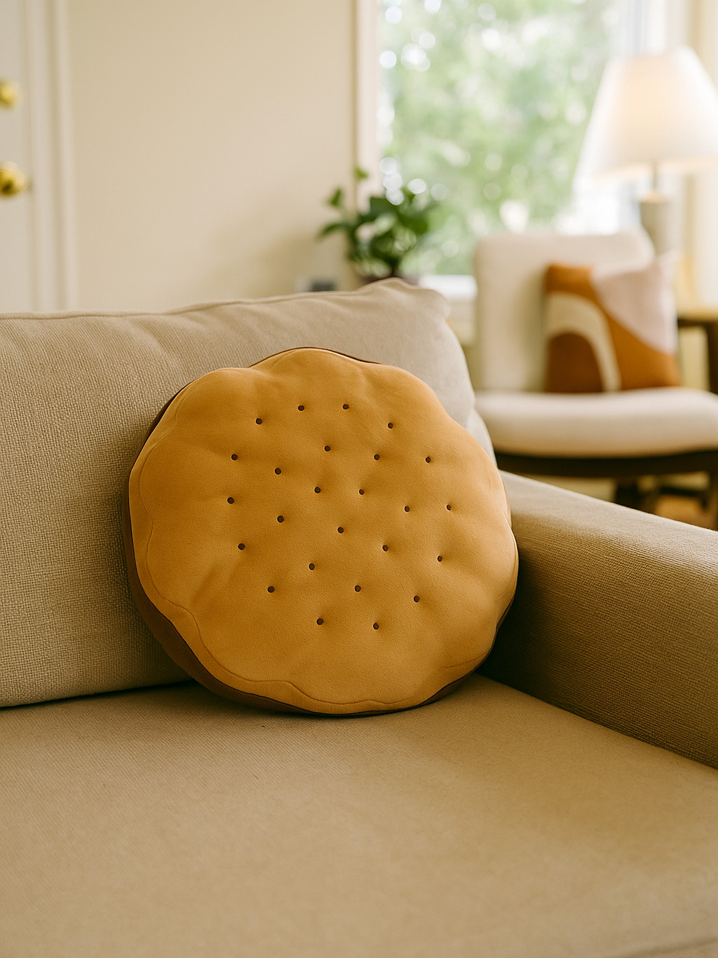 Ein rundes, braunes Kissen in Form eines Keks mit kleinen Löchern liegt auf einem beigen Sofa. Ein Stuhl und Fenster im Hintergrund.