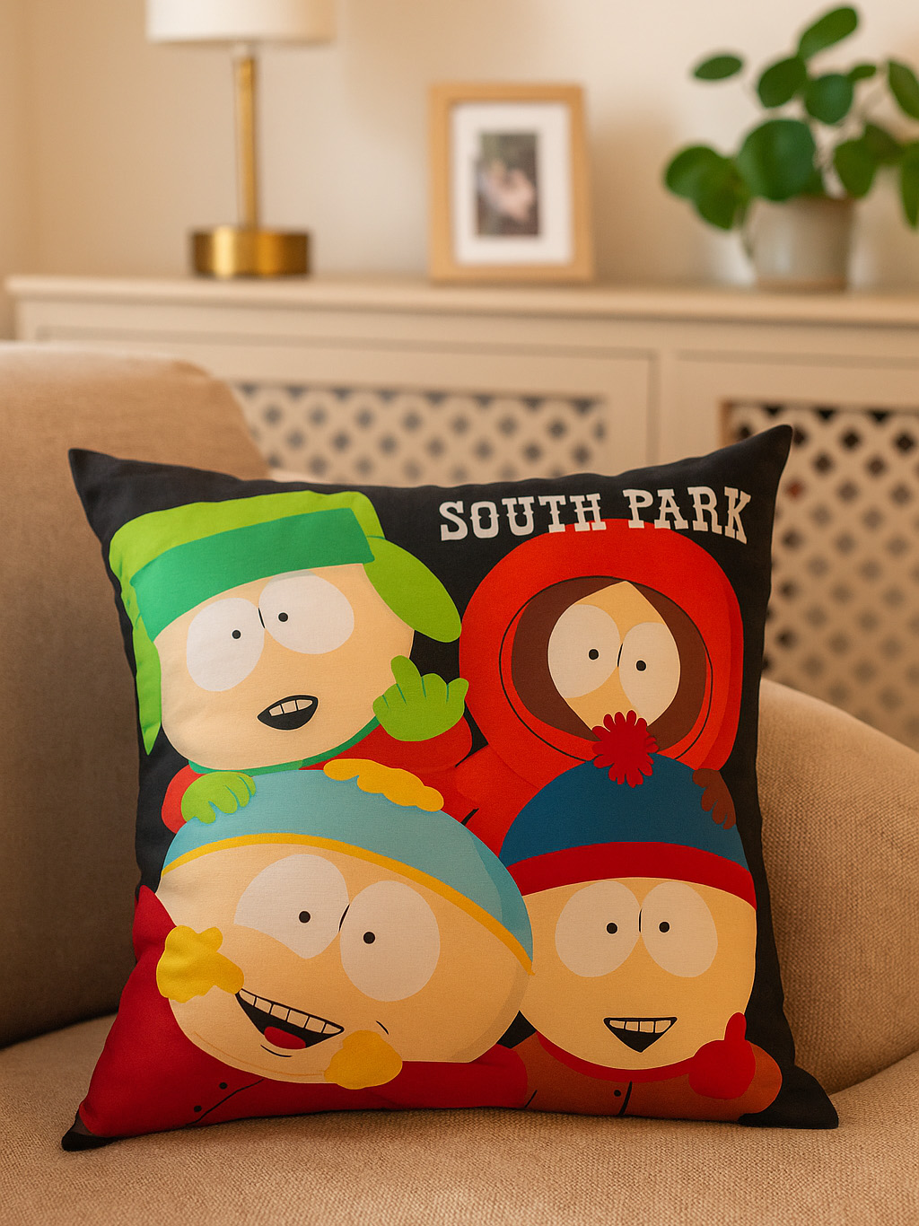 Ein Kissen mit South Park-Charakteren. Im Hintergrund sind eine Lampe, ein Bilderrahmen und eine Pflanze zu sehen.