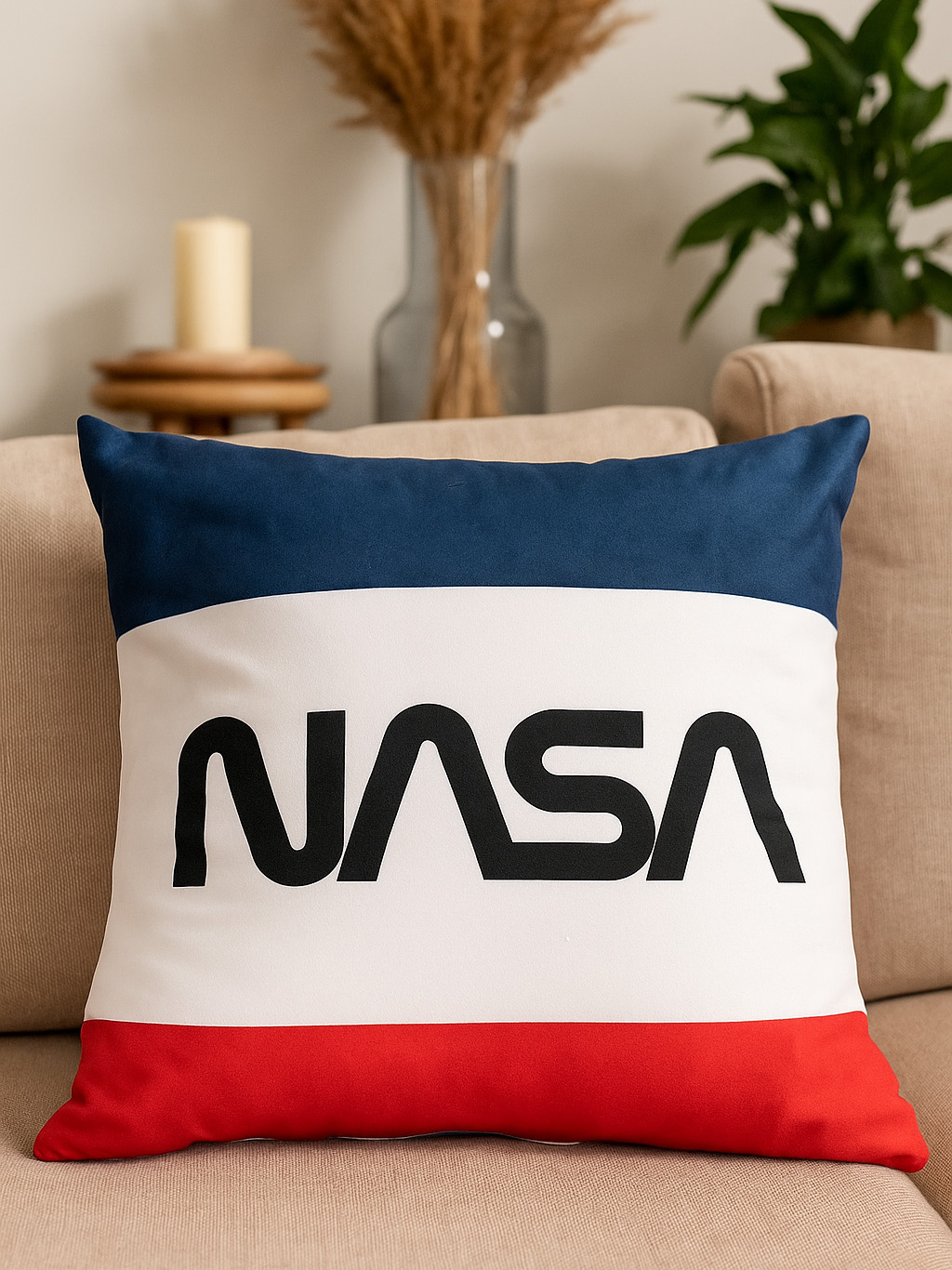 Ein Kissen mit dem NASA-Logo auf einer beigefarbenen Couch, mit Pflanzen und Dekorationen im Hintergrund.