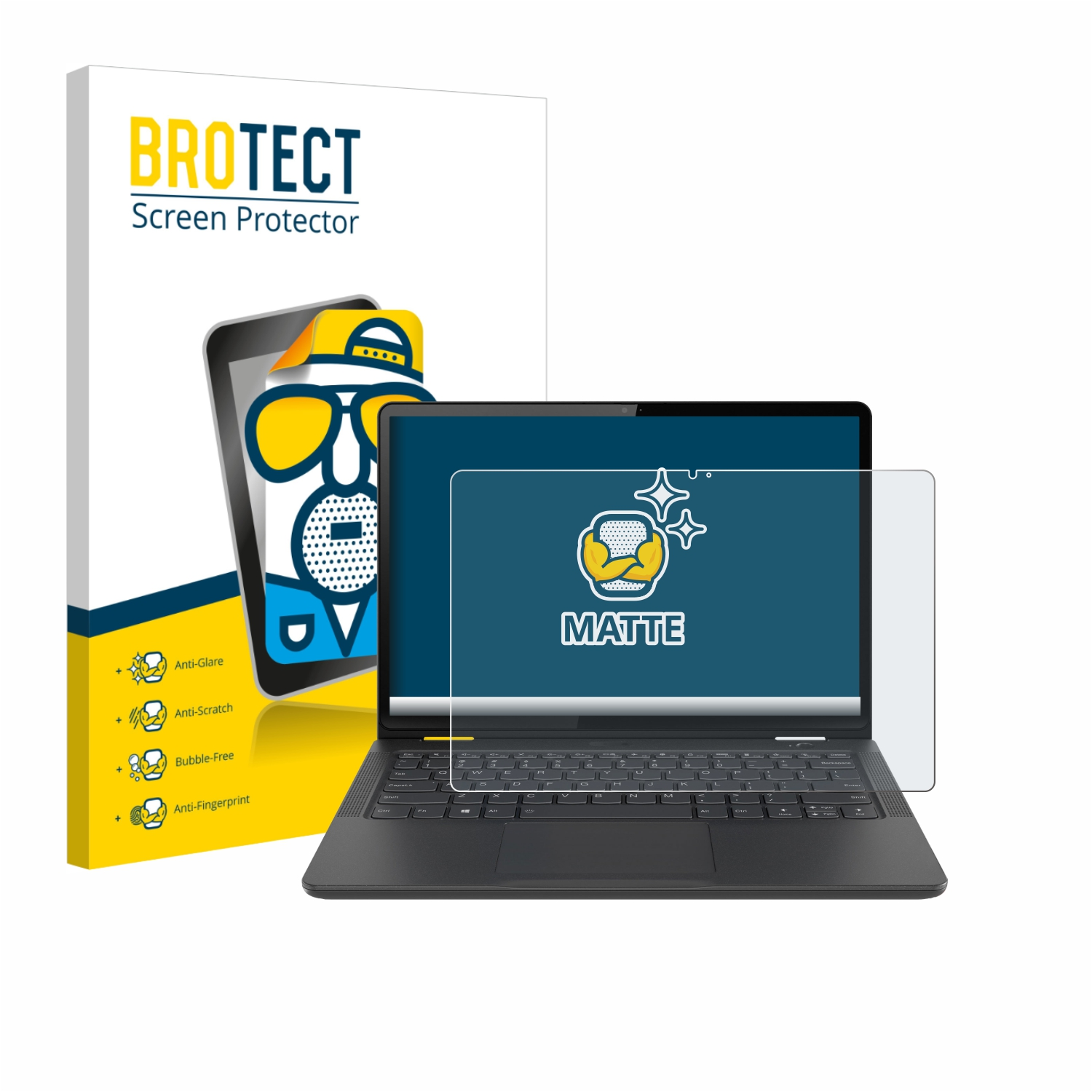 Ein Laptop mit Displayschutz, Produktbox links, zeigt Funktionen wie blendfrei, kratzfest und blasenfrei.