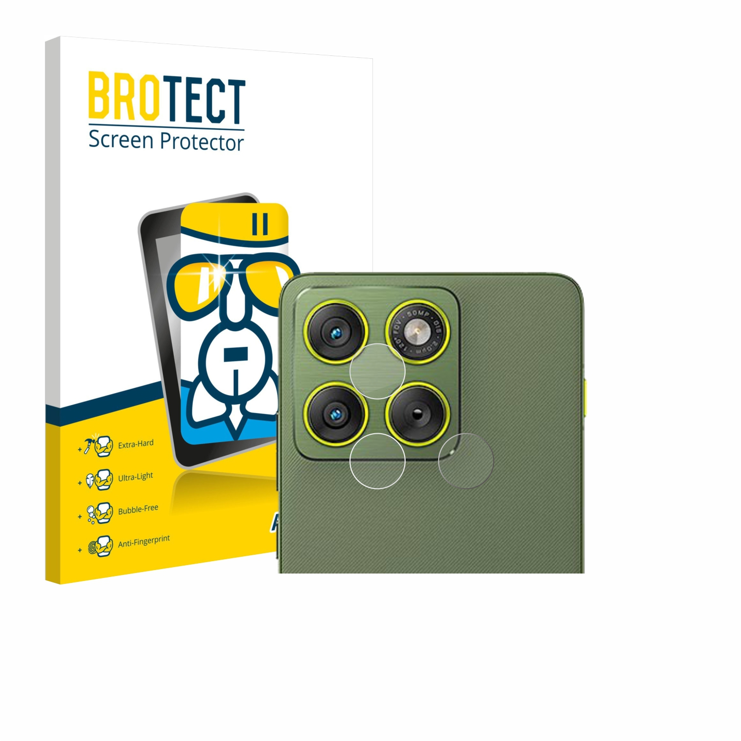 Gezeigt werden ein Telefon und eine Displayschutzfolie. Das Telefon ist grün. Die Schutzbox zeigt 'BROTECT Screen Protector'.