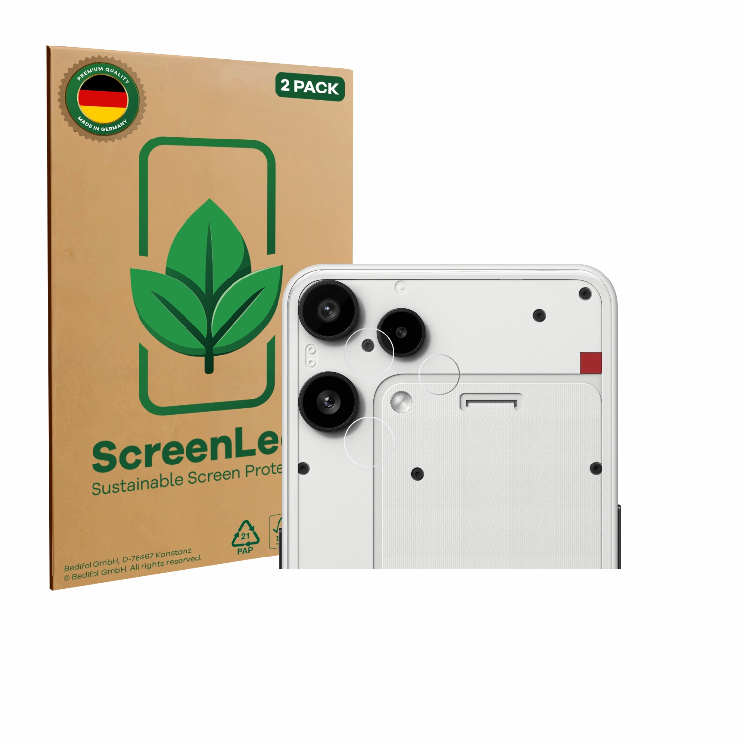 Ein Telefon und eine Displayschutzfolienbox. Die Box ist braun mit grünem Blattdesign und trägt die Aufschrift 'ScreenLe'. Das Telefon ist weiß.