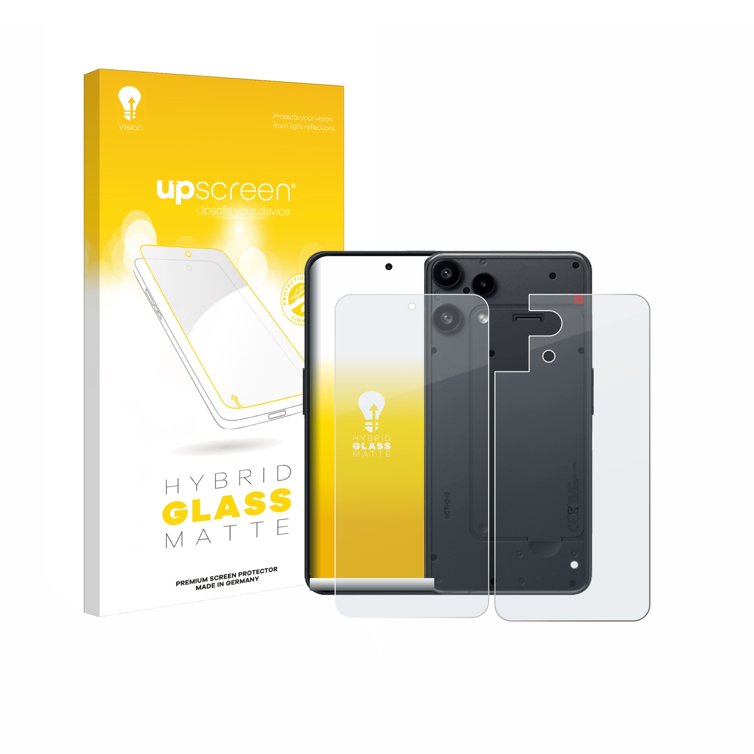 Ein Telefon und Displayschutzfolien werden mit Verpackung gezeigt. Die Verpackung hat Text und ein Logo. Das Telefon ist schwarz und weiß.