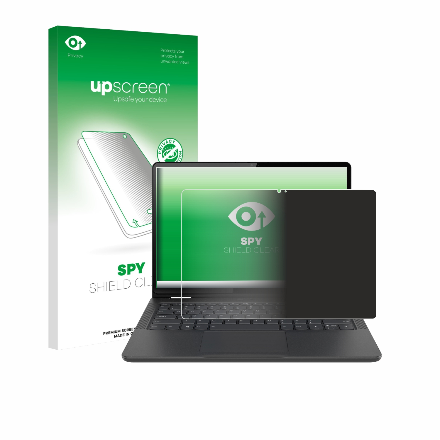 Laptop mit Displayschutzfolie. Im Hintergrund eine grüne Box mit dem Logo 'upscreen'.