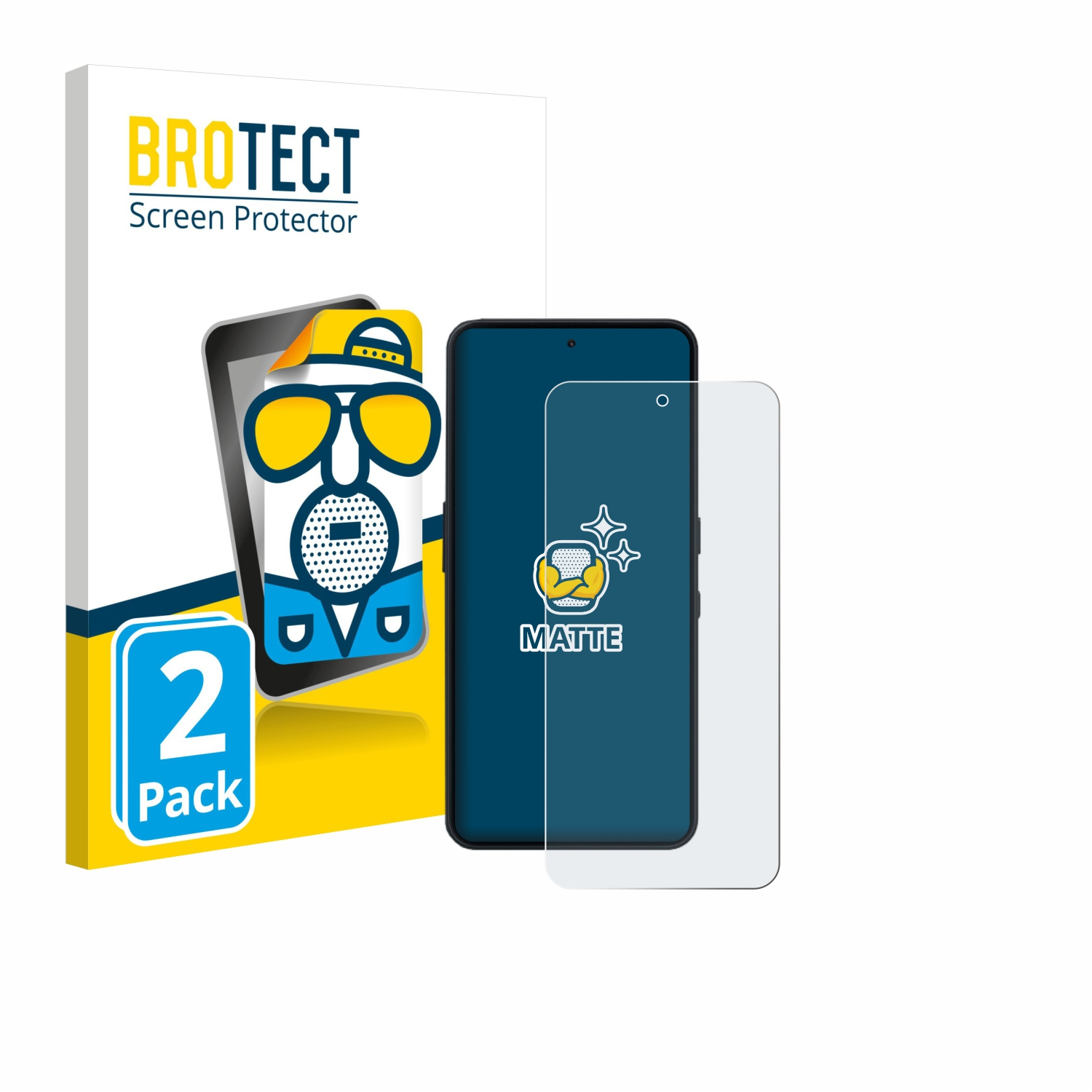 Ein Telefon und ein Displayschutz befinden sich neben einer Schachtel mit einem Cartoon-Gesicht. Auf der Schachtel steht 'BROTECT Screen Protector' und '2er Pack'.