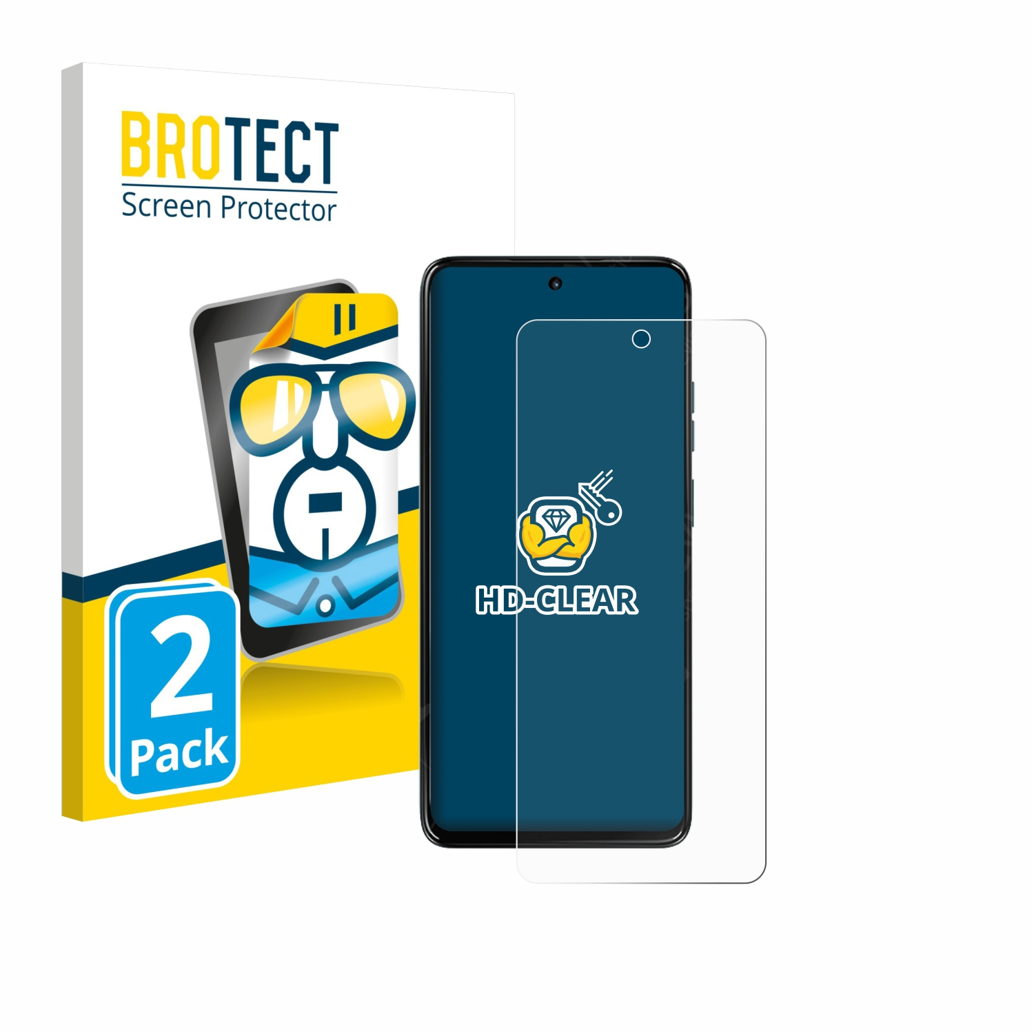Ein Telefon und ein Displayschutz sind abgebildet. Der Schutz hat ein Schlüssel- und Diamantlogo. Die Box zeigt '2er Pack' und 'BROTECT Displayschutz'.