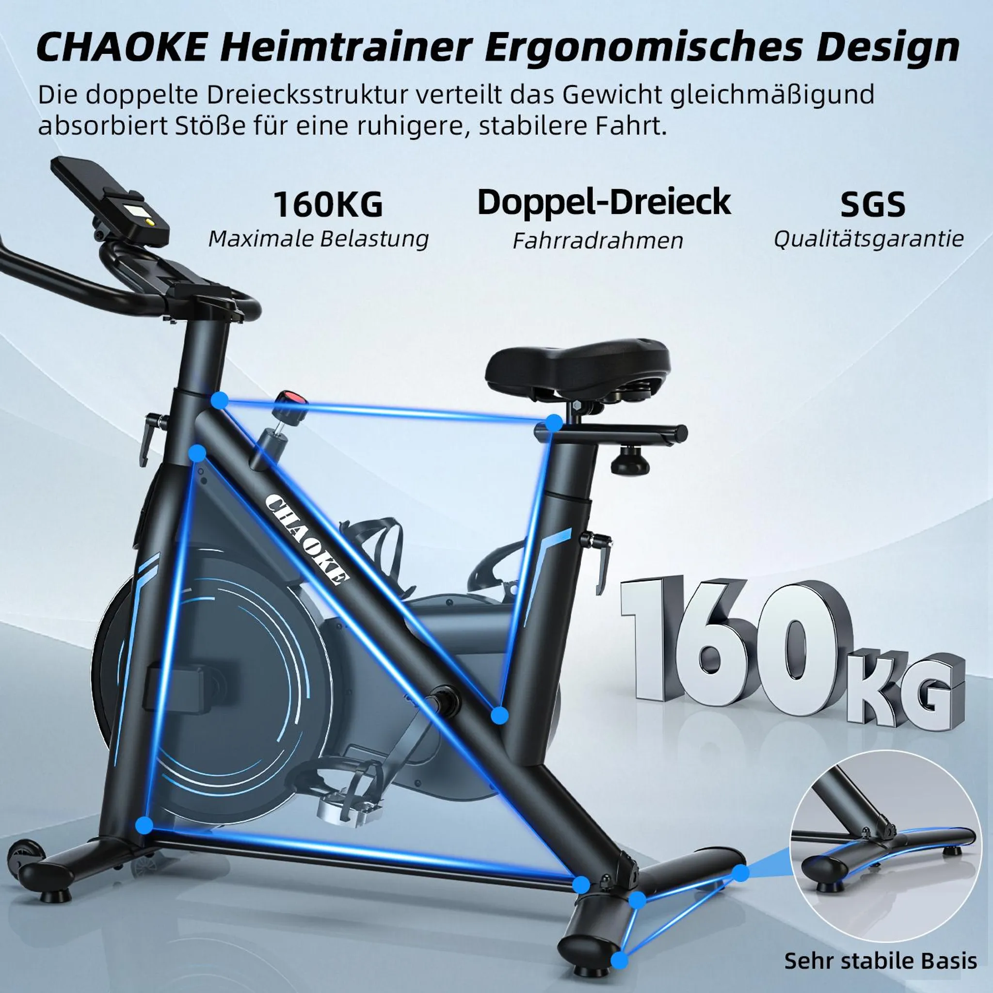 Schwarzes Trainingsfahrrad mit blauen Akzenten. Merkmale: max. Belastung, Doppel-Dreieck-Rahmen, SGS-Qualität.