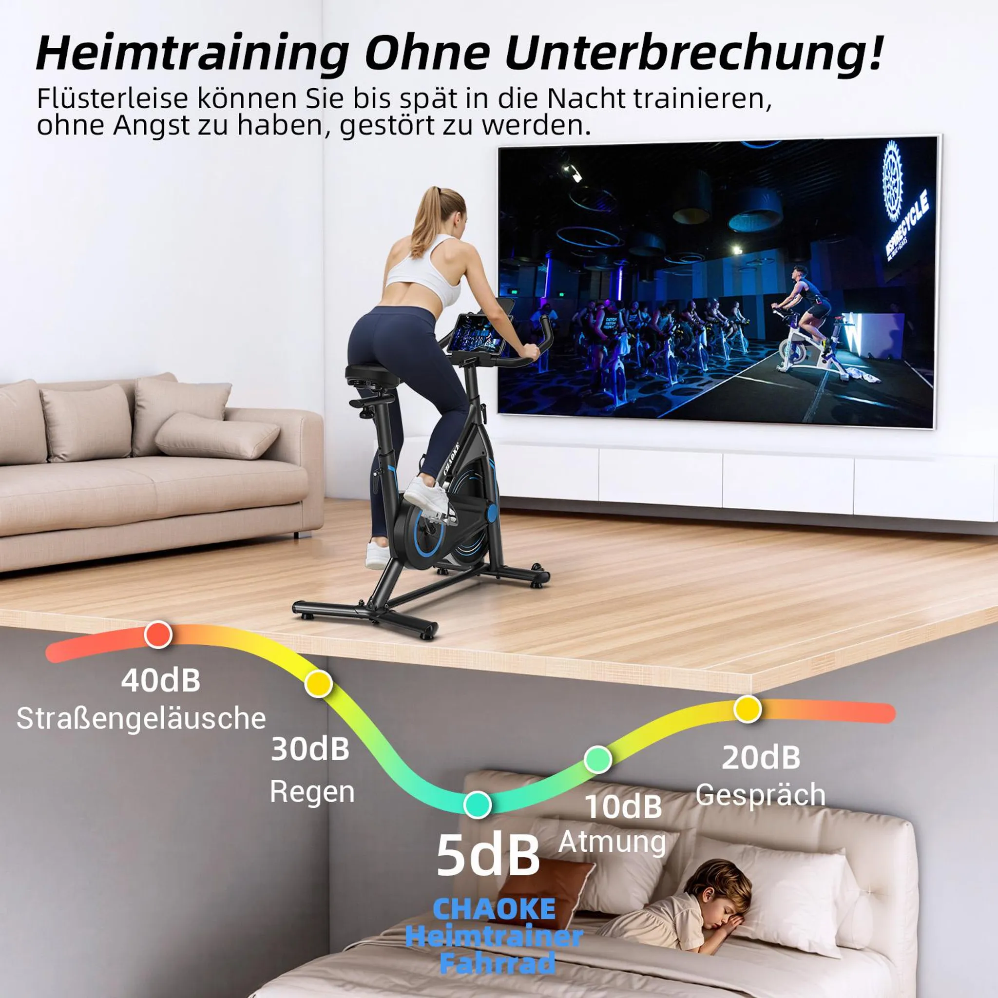 Eine Frau trainiert auf einem Heimtrainer. Ein Fernseher zeigt andere beim Training. Geräuschpegel von Straßengeräuschen bis zur Atmung.