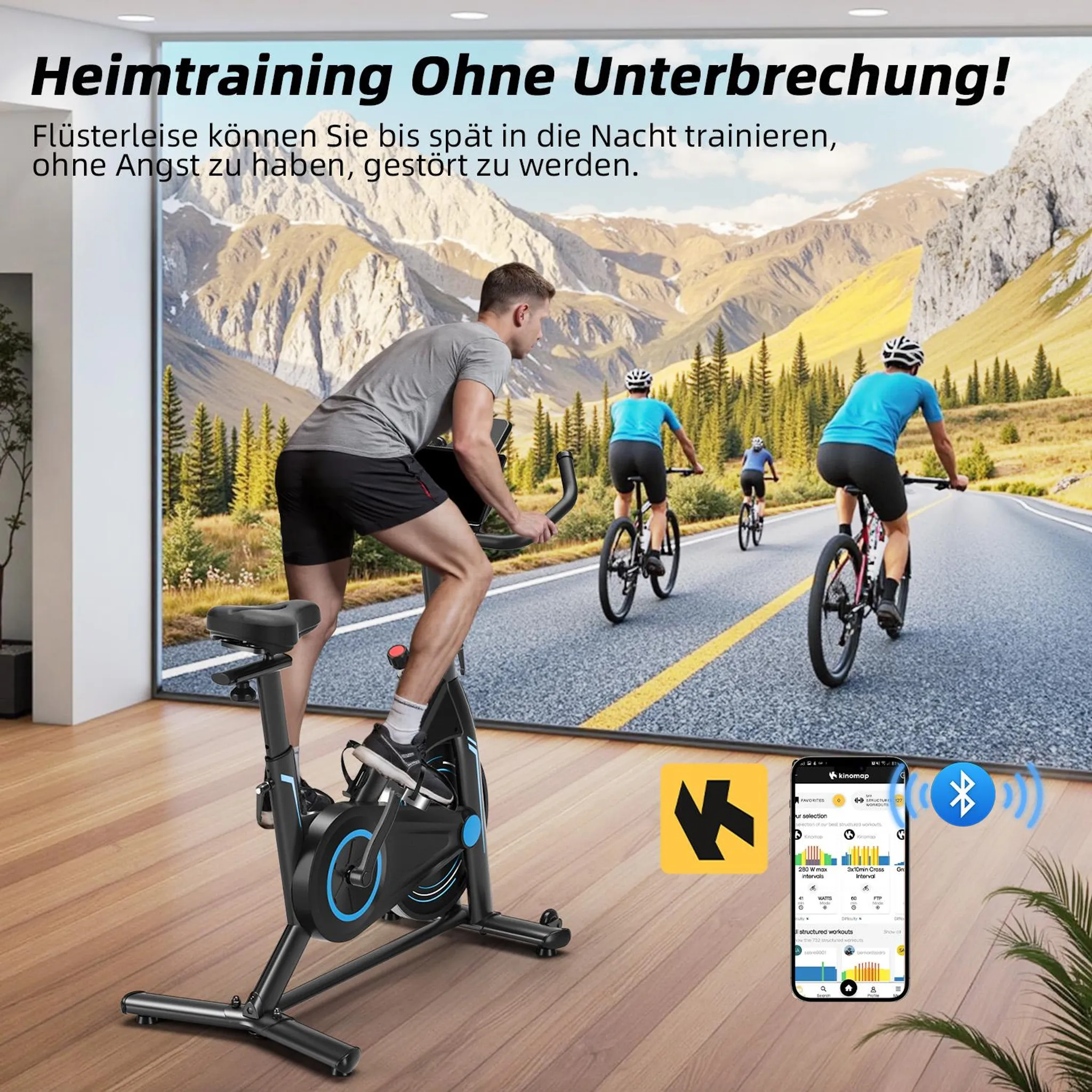 Mann auf Heimtrainer, im Hintergrund Radfahrer auf der Straße und ein Telefon mit App, Bluetooth-Symbol.