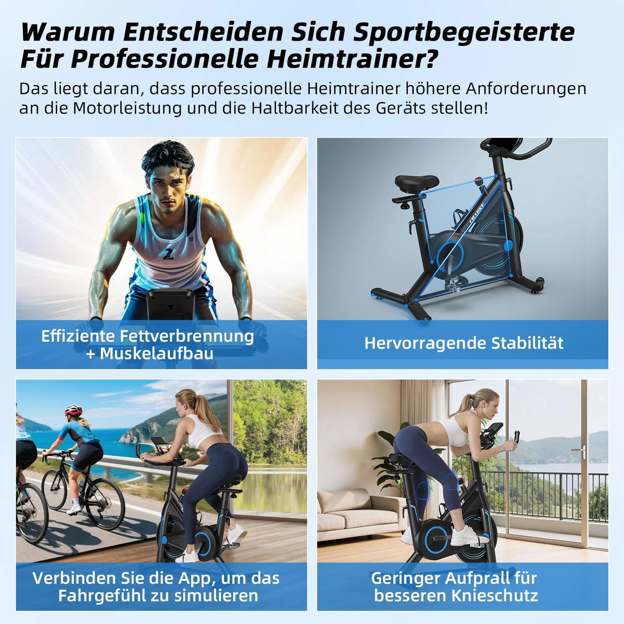 Das Bild zeigt Personen, die Heimtrainer benutzen. Der Text erklärt die Vorteile professioneller Heimtrainer.