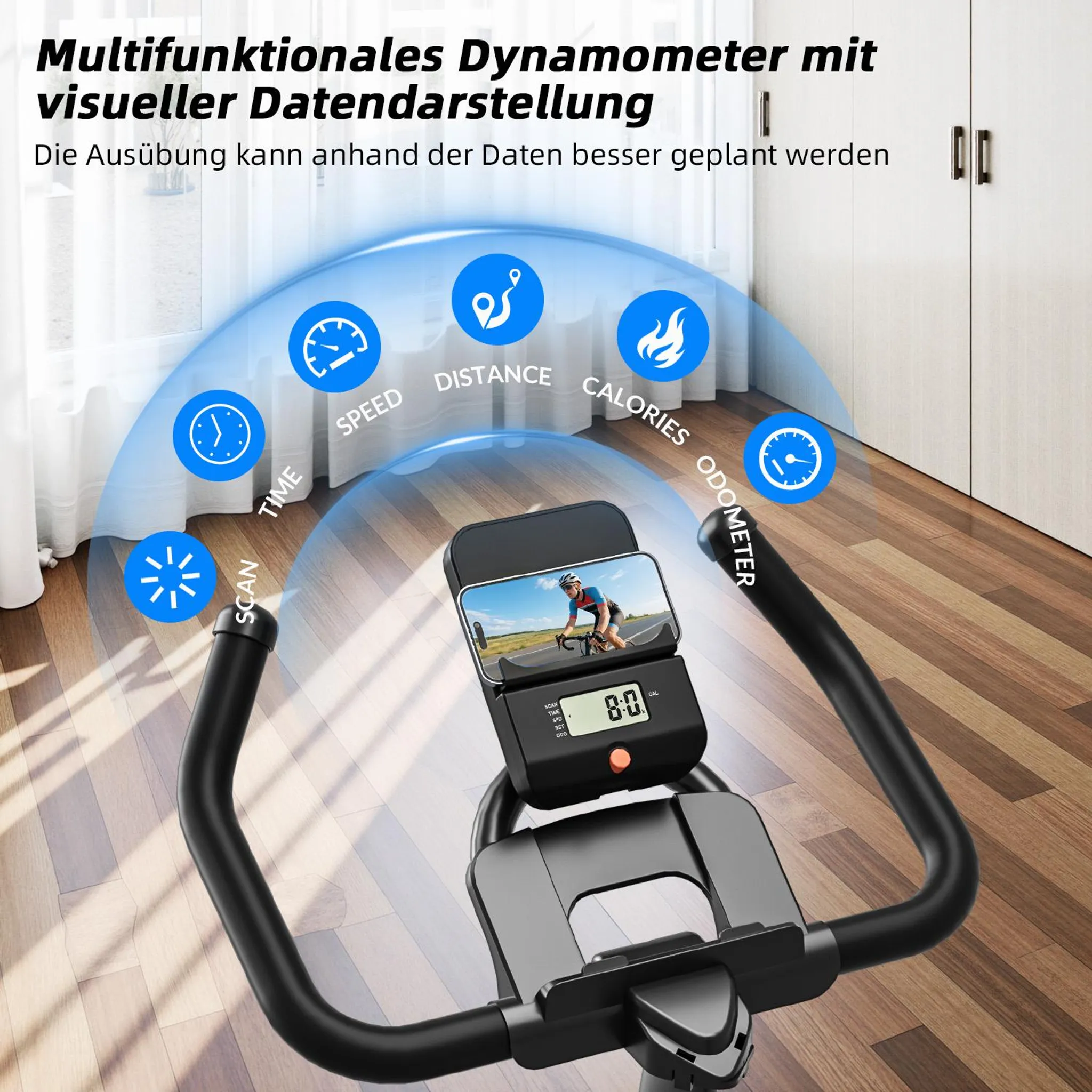 Heimtrainer mit Bildschirm, der Trainingsdaten wie Zeit, Geschwindigkeit, Distanz, Kalorien und Kilometerstand anzeigt.