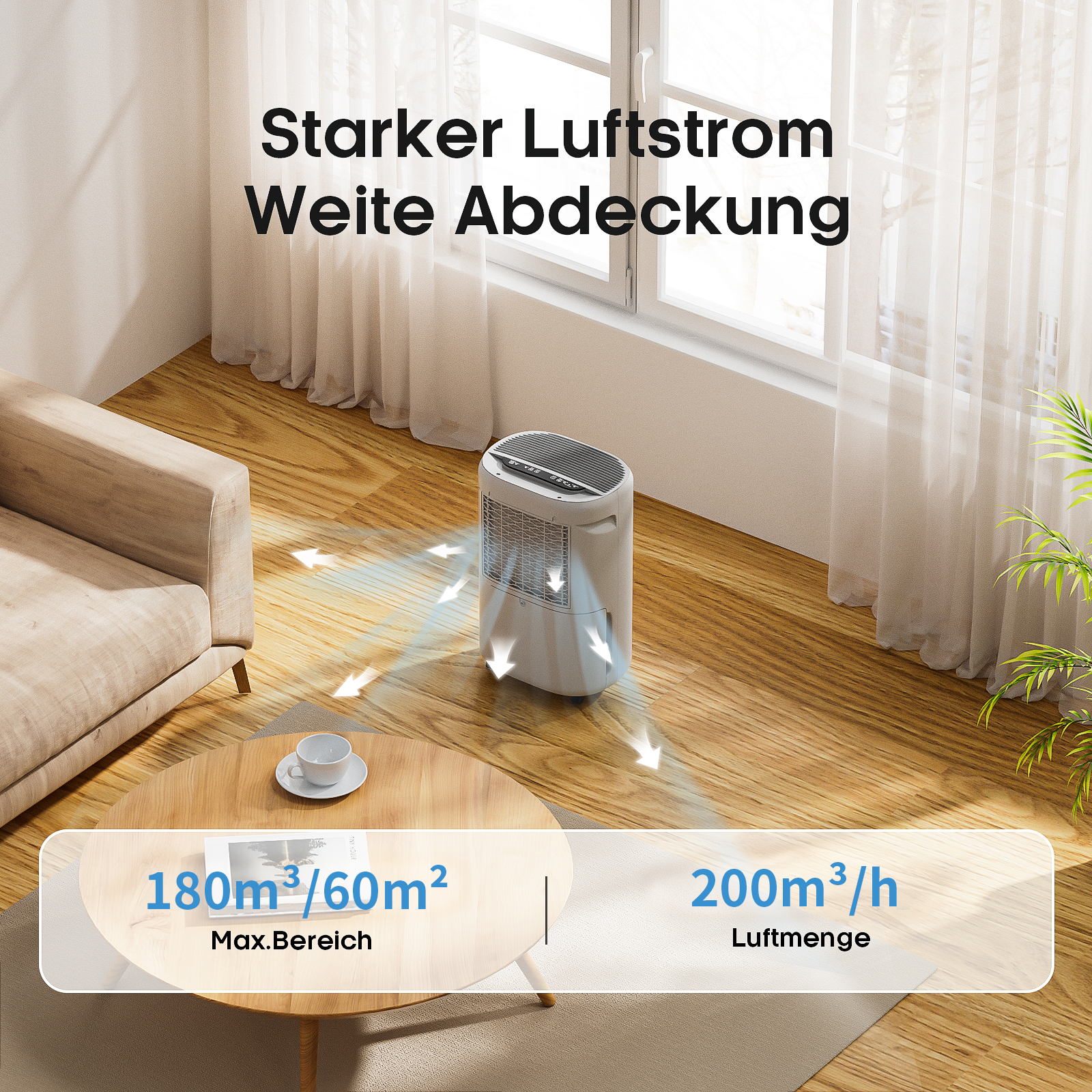 Luftreiniger im Raum. Pfeile zeigen den Luftstrom. Text: Starker Luftstrom, weite Abdeckung. Couchtisch und Sofa.