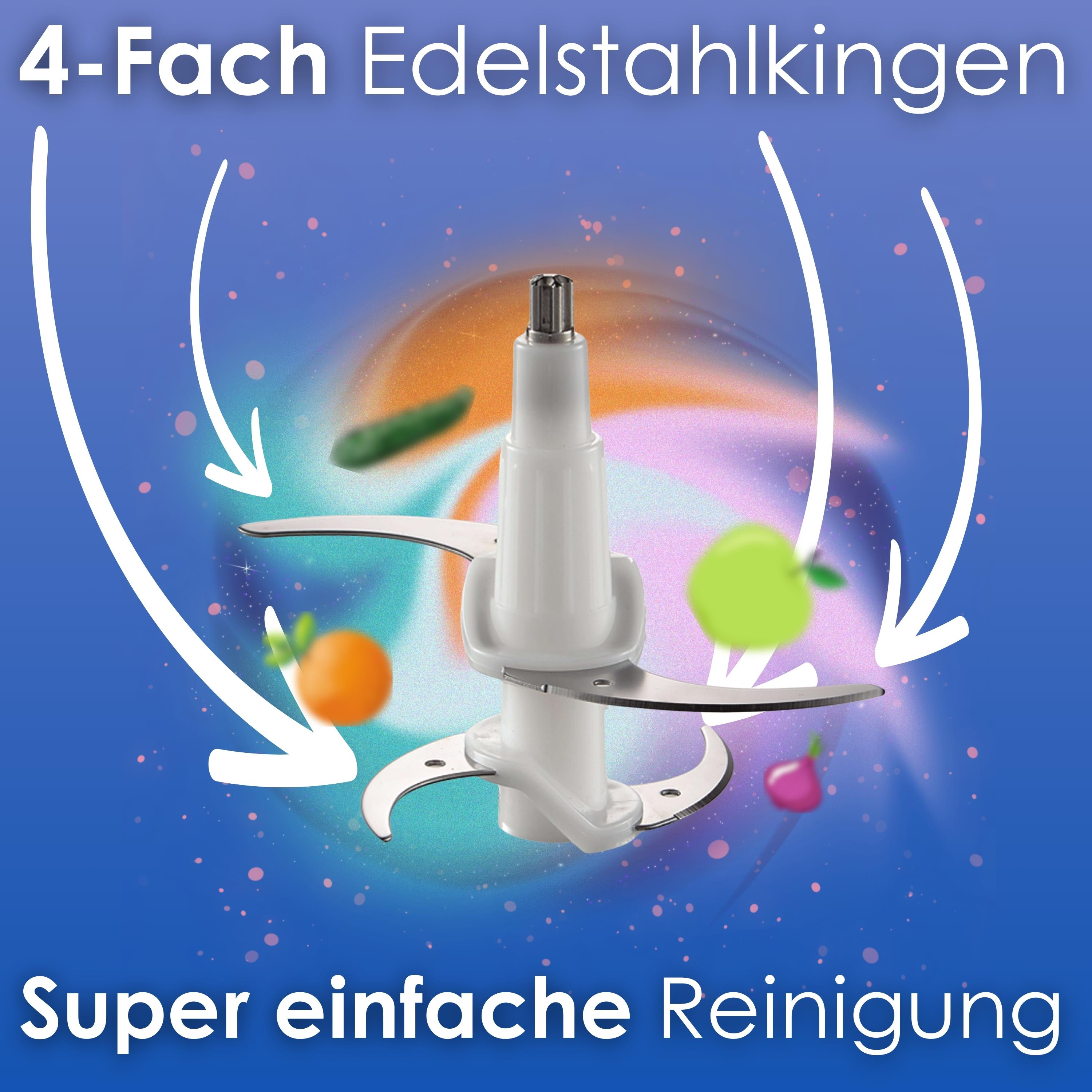 Ein Food-Processor-Messer mit Früchten. Text: 4-Fach Edelstahlklingen und Super einfache Reinigung.