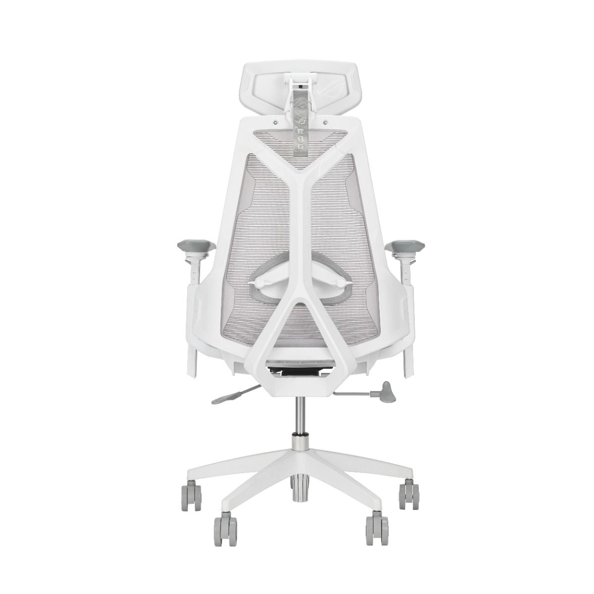 Una sedia da ufficio ergonomica bianca con schienale e poggiatesta in rete, vista da dietro. Ha braccioli e una base a cinque razze con ruote.