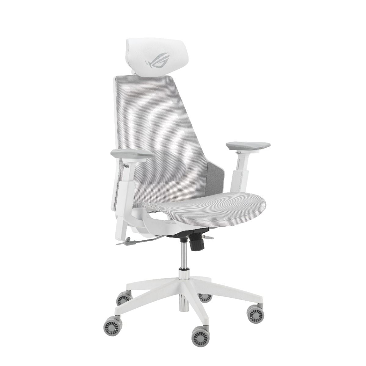 Una sedia da ufficio ergonomica bianca e grigia. Ha poggiatesta, braccioli e schienale in rete. La sedia è su ruote.