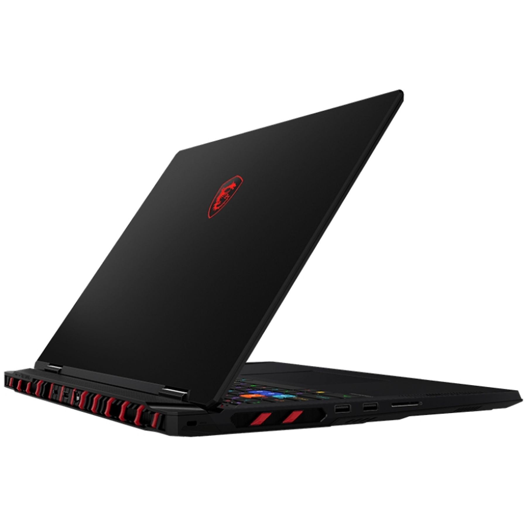 Laptop MSI nero, aperto. Logo rosso sul coperchio. Accenti rossi e neri sulla tastiera e sulla ventola. Sfondo bianco.