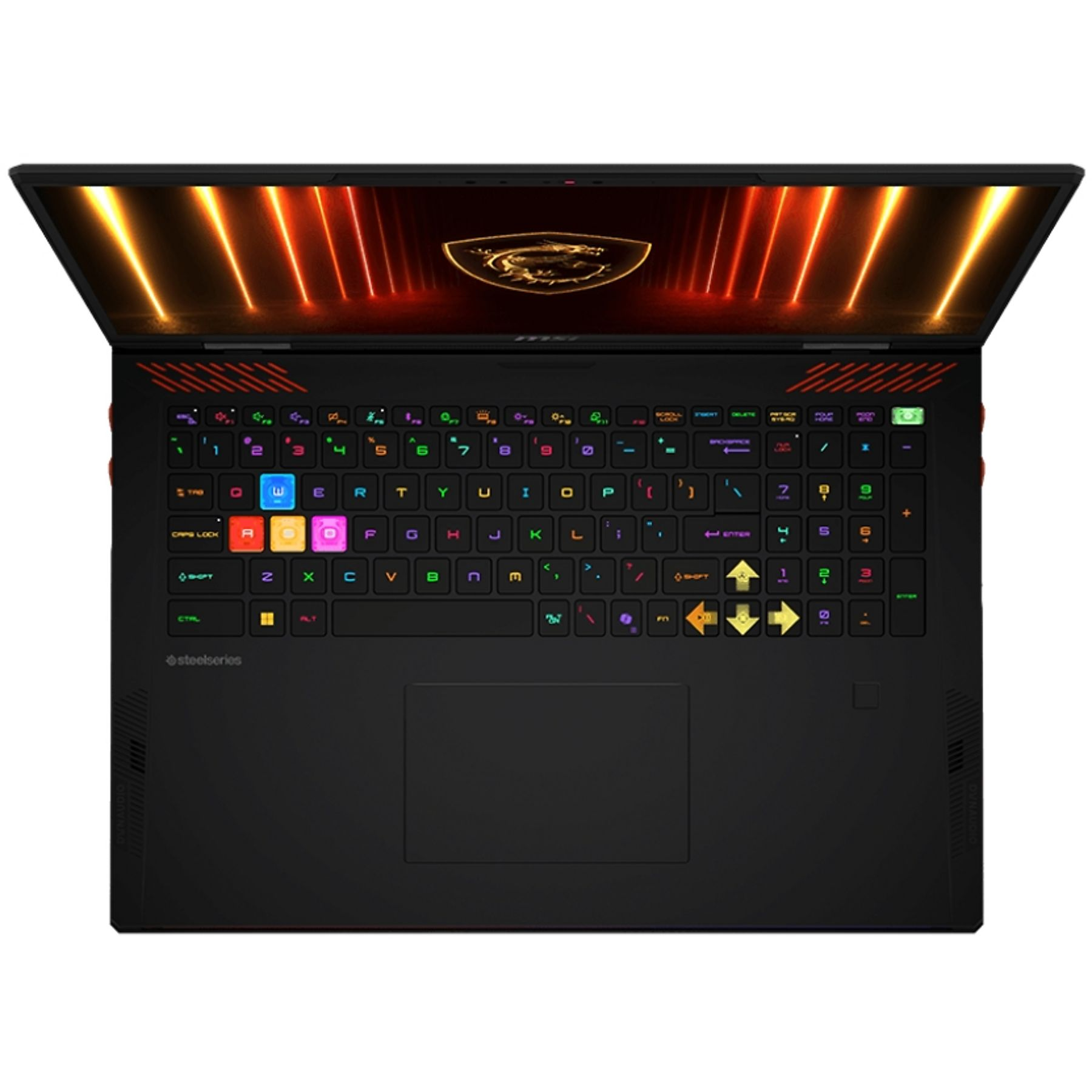 Laptop nero con tastiera illuminata. Lo schermo mostra un logo dorato. I tasti sono illuminati RGB.