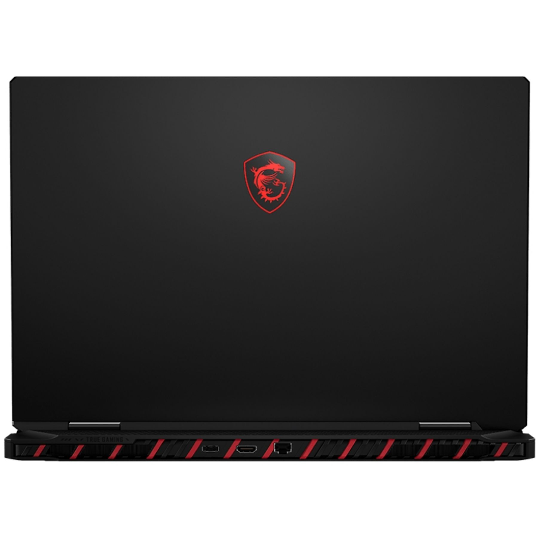 Un laptop nero è mostrato chiuso. Un logo del drago rosso è in alto. Il fondo ha dettagli rossi e neri.