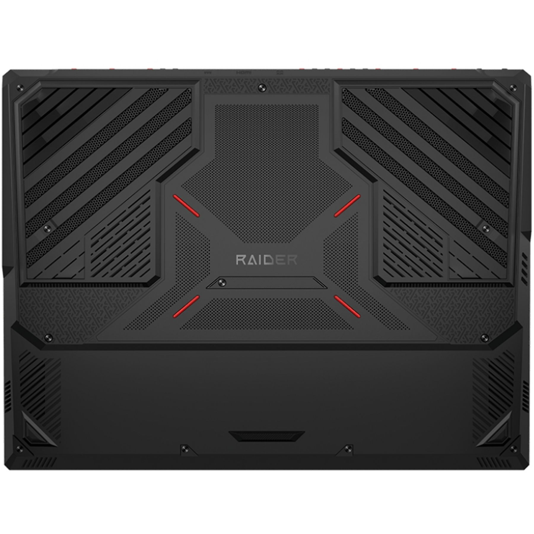 Retro del laptop nero con dettagli rossi e la scritta 'RAIDER'. Presenta feritoie e pannelli strutturati.