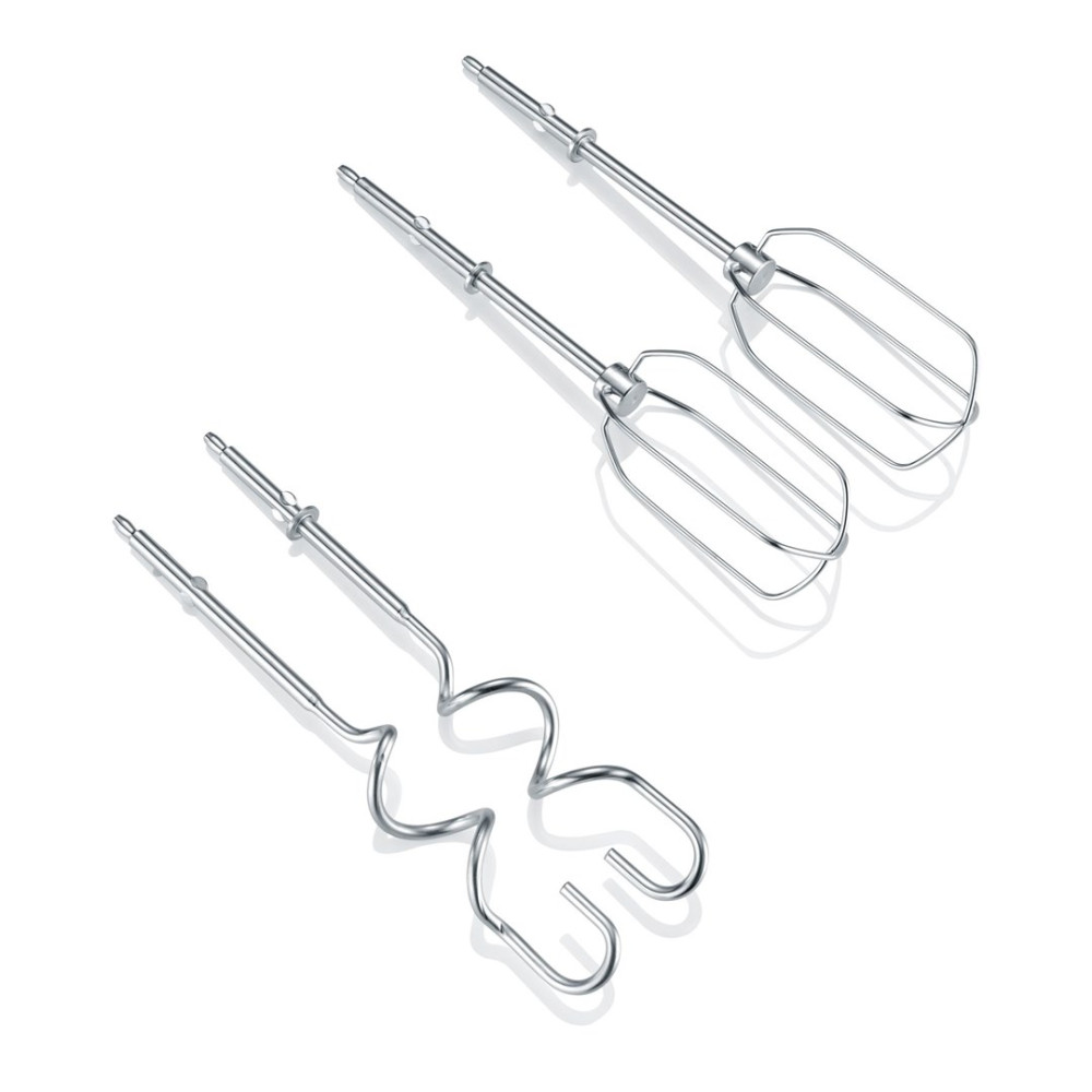 Three metal mixer attachments on a white surface. Two have cage-like beaters, one has a looped design.