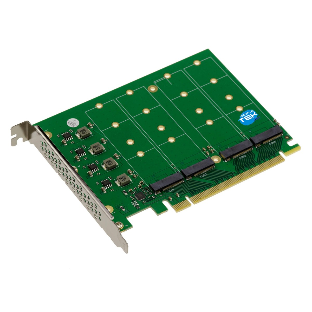 Un circuito stampato verde con connettori e chip. Ha una staffa metallica. Il logo Simple Tek è visibile.