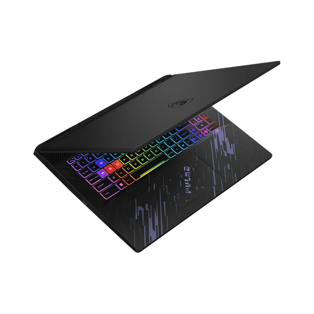 Un laptop nero con tastiera retroilluminata arcobaleno è aperto. La tastiera ha tasti colorati e il touchpad ha un design.