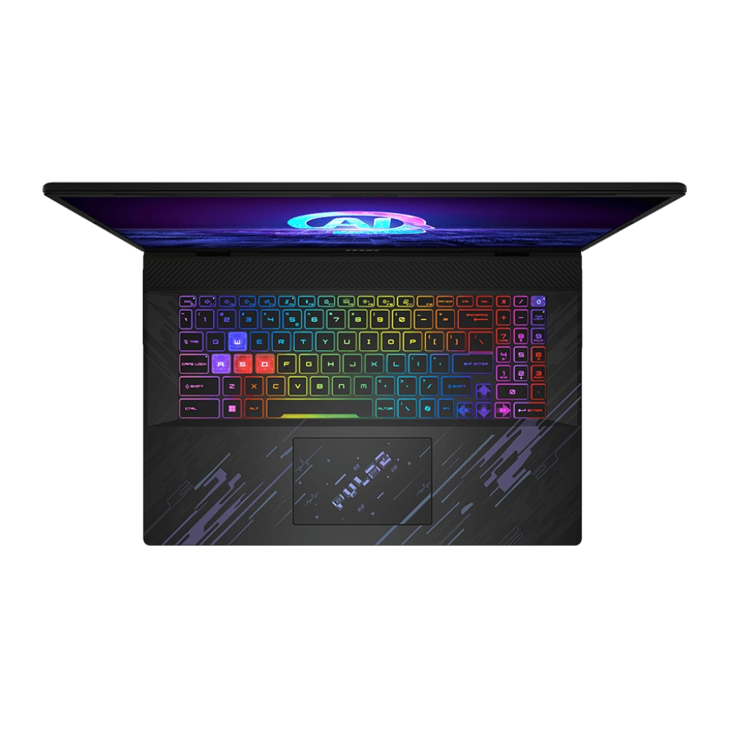 Un laptop con tastiera retroilluminata colorata è aperto. Lo schermo mostra un design blu e viola. Il touchpad riporta la parola 'WULINE'.