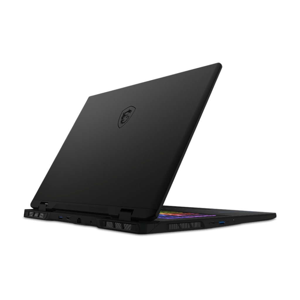 Un laptop MSI nero, leggermente aperto, vista angolata. Il coperchio mostra un logo. La tastiera è visibile con luci colorate, su sfondo bianco.