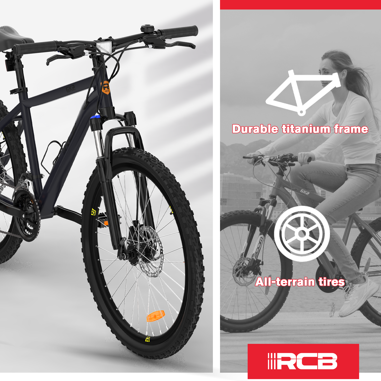Ein schwarzes Mountainbike mit Scheibenbremsen links. Eine Frau fährt rechts ein ähnliches Fahrrad. Text: Robuster Titanrahmen.