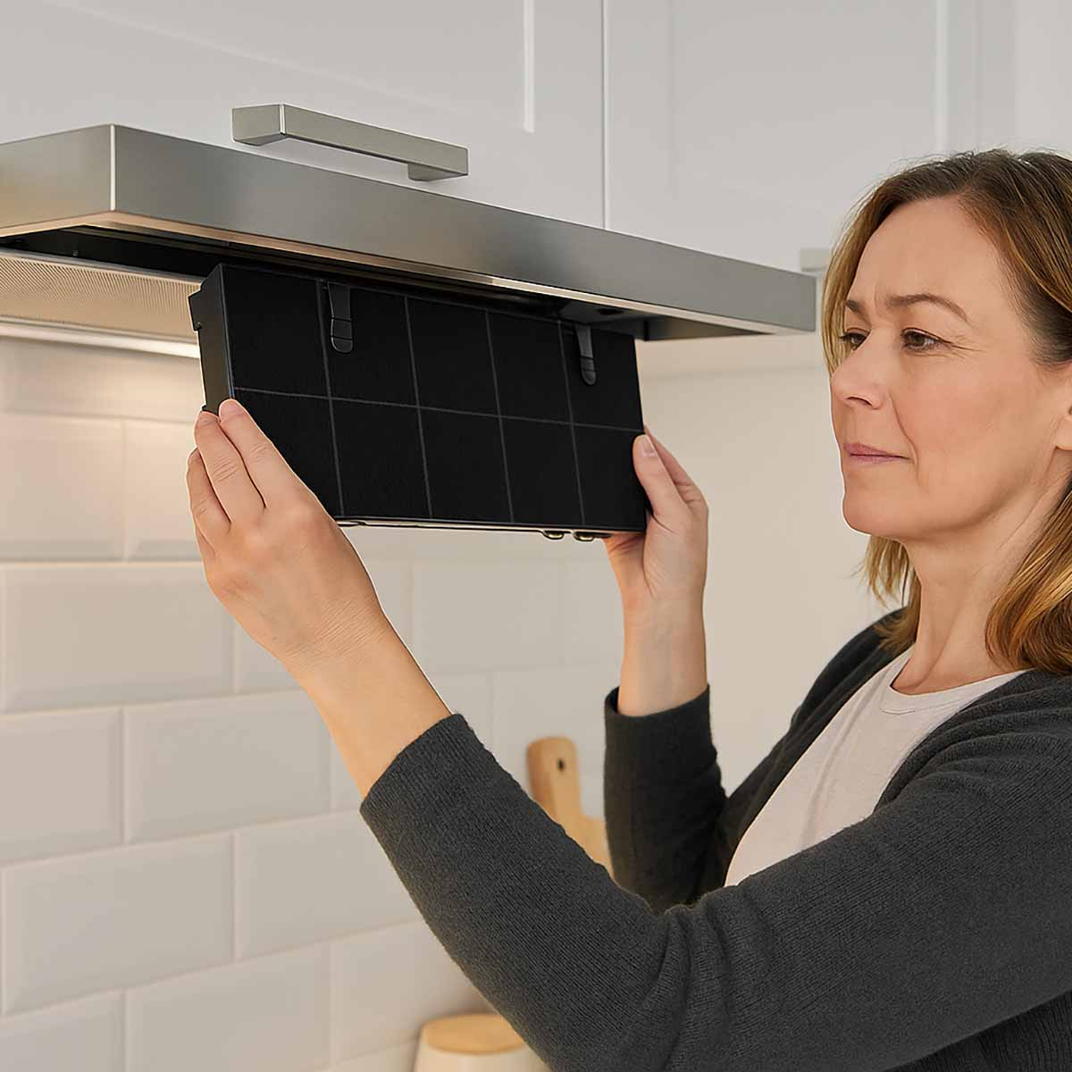 Eine Frau entfernt einen schwarzen Filter aus einer Küchenhaube. Sie trägt einen grauen Pullover und steht in einer Küche mit weißen Fliesen.