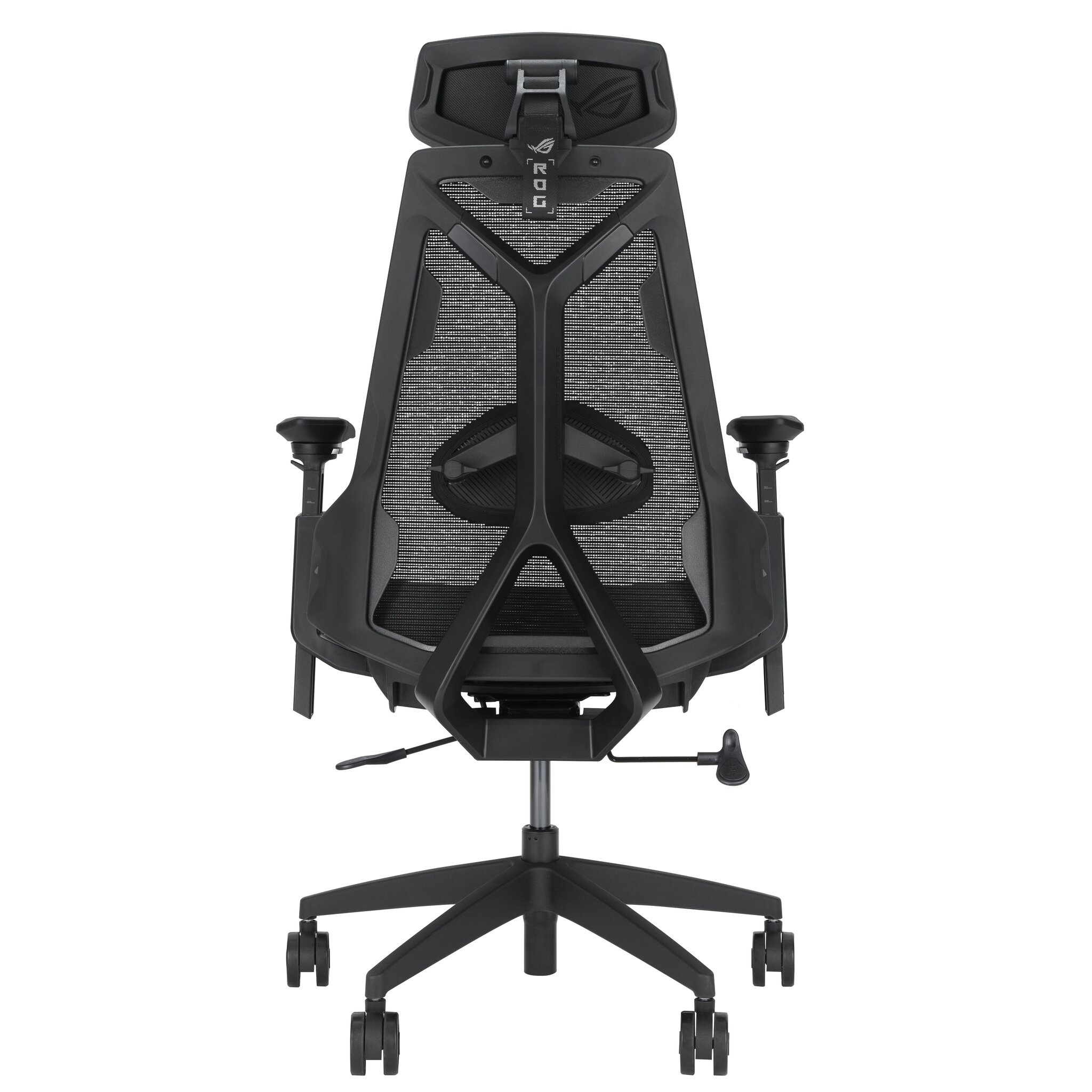 Una sedia da gaming ergonomica nera con schienale in rete, poggiatesta regolabile, braccioli e base a cinque stelle con ruote.