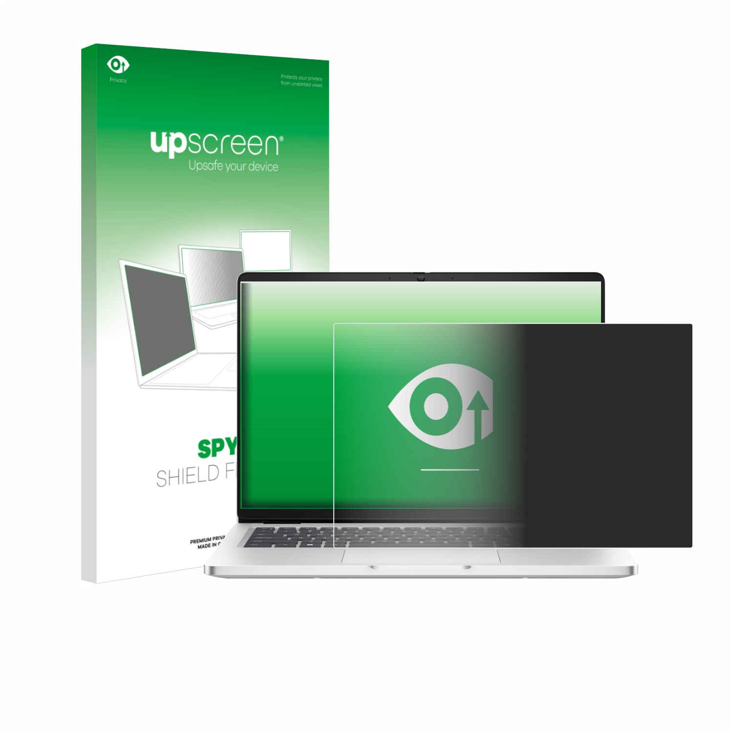 Ein Laptop mit einem Sichtschutz. Im Hintergrund befindet sich eine Schachtel mit dem Logo „upscreen“. Der Bildschirm zeigt einen Spionschutz.