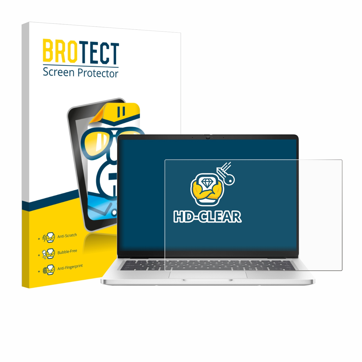 Ein Laptop mit Displayschutzfolie neben der Produktbox. Die Box zeigt ein Telefonbild mit dem Text 'BROTECT Screen Protector'.