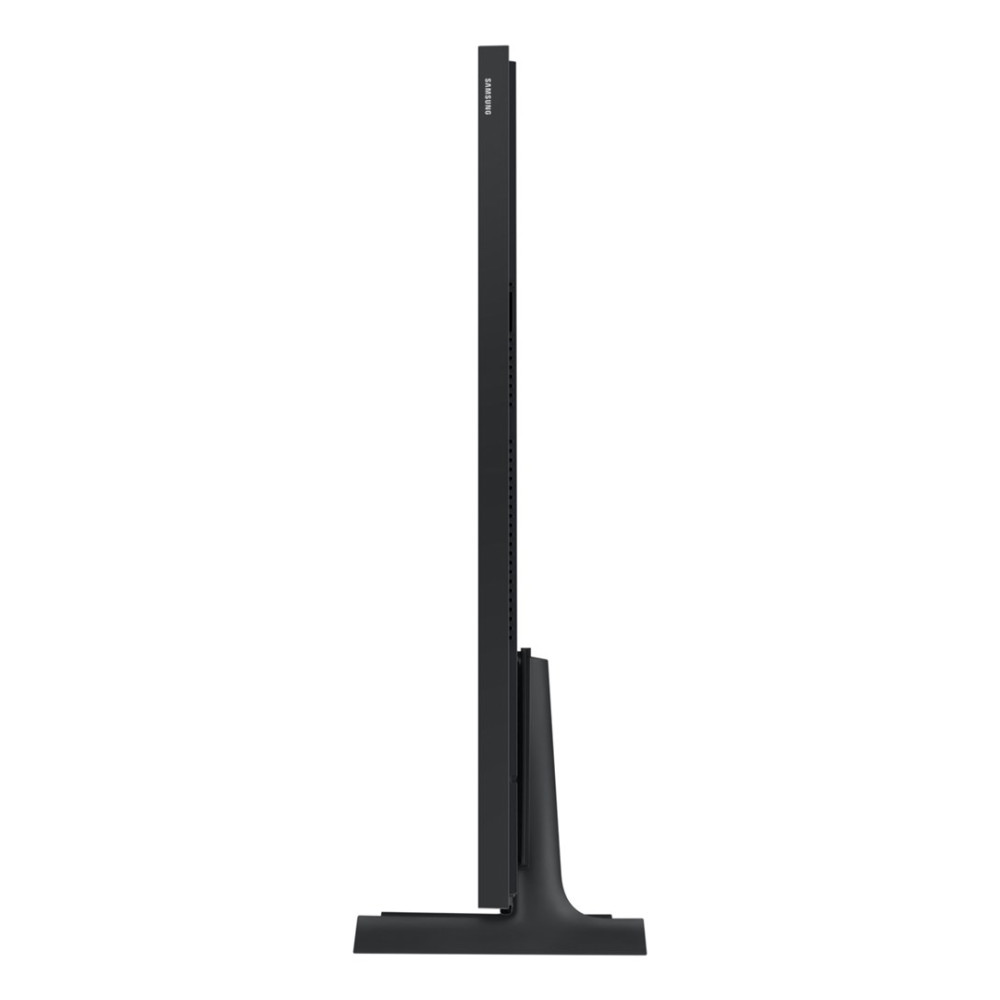 Widok z boku czarnego, nowoczesnego telewizora. Stoi pionowo na czarnej podstawie. Logo Samsung jest widoczne.