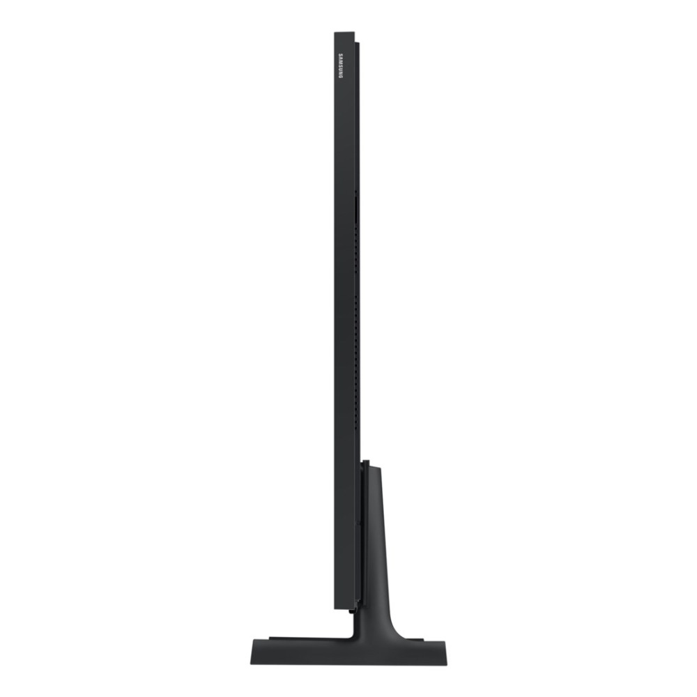 Widok z boku czarnego telewizora Samsung. Stoi na podstawie i ma wysoki, cienki ekran. Widoczne jest logo Samsunga.